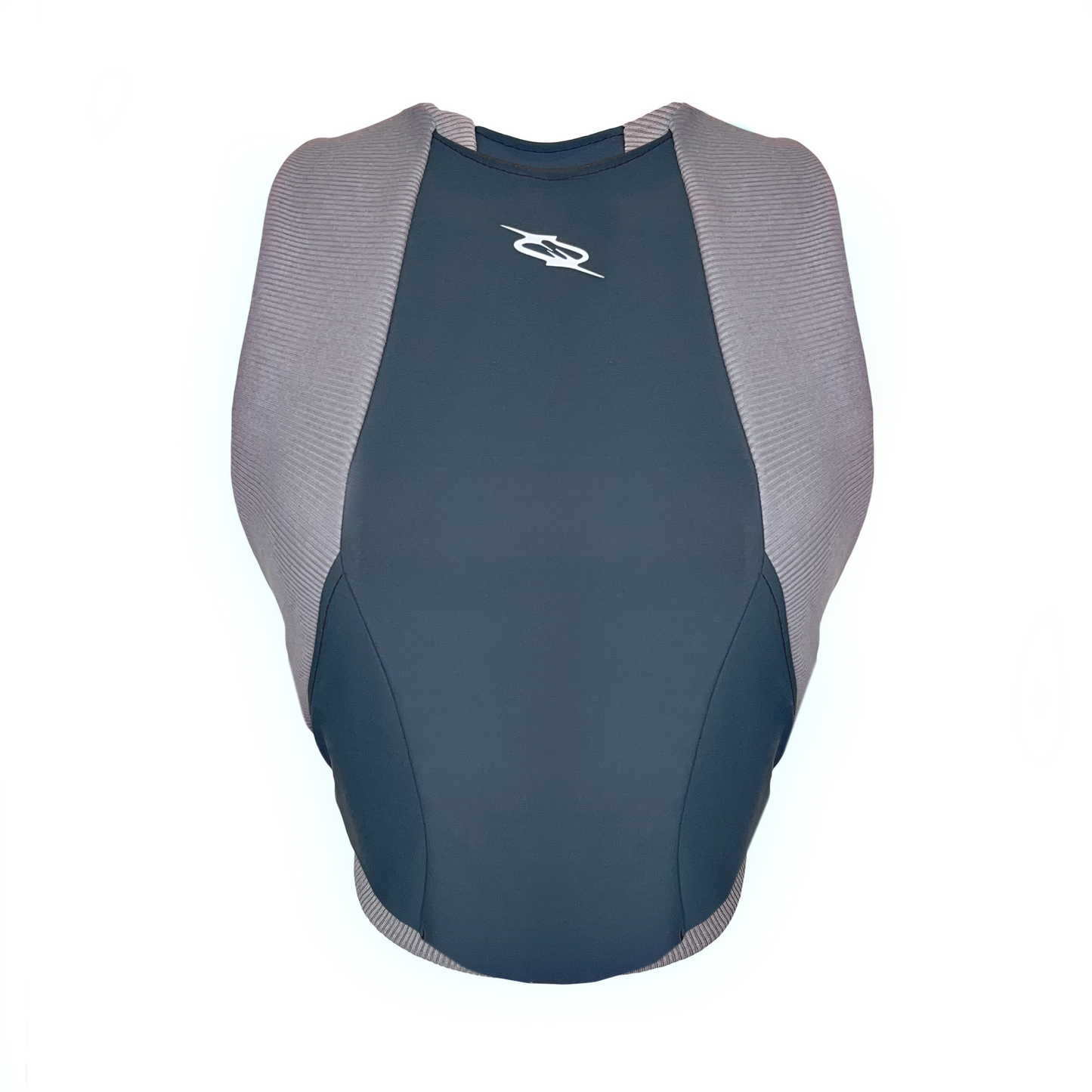 A gray and blue sports top with a round neckline and synthetic material.