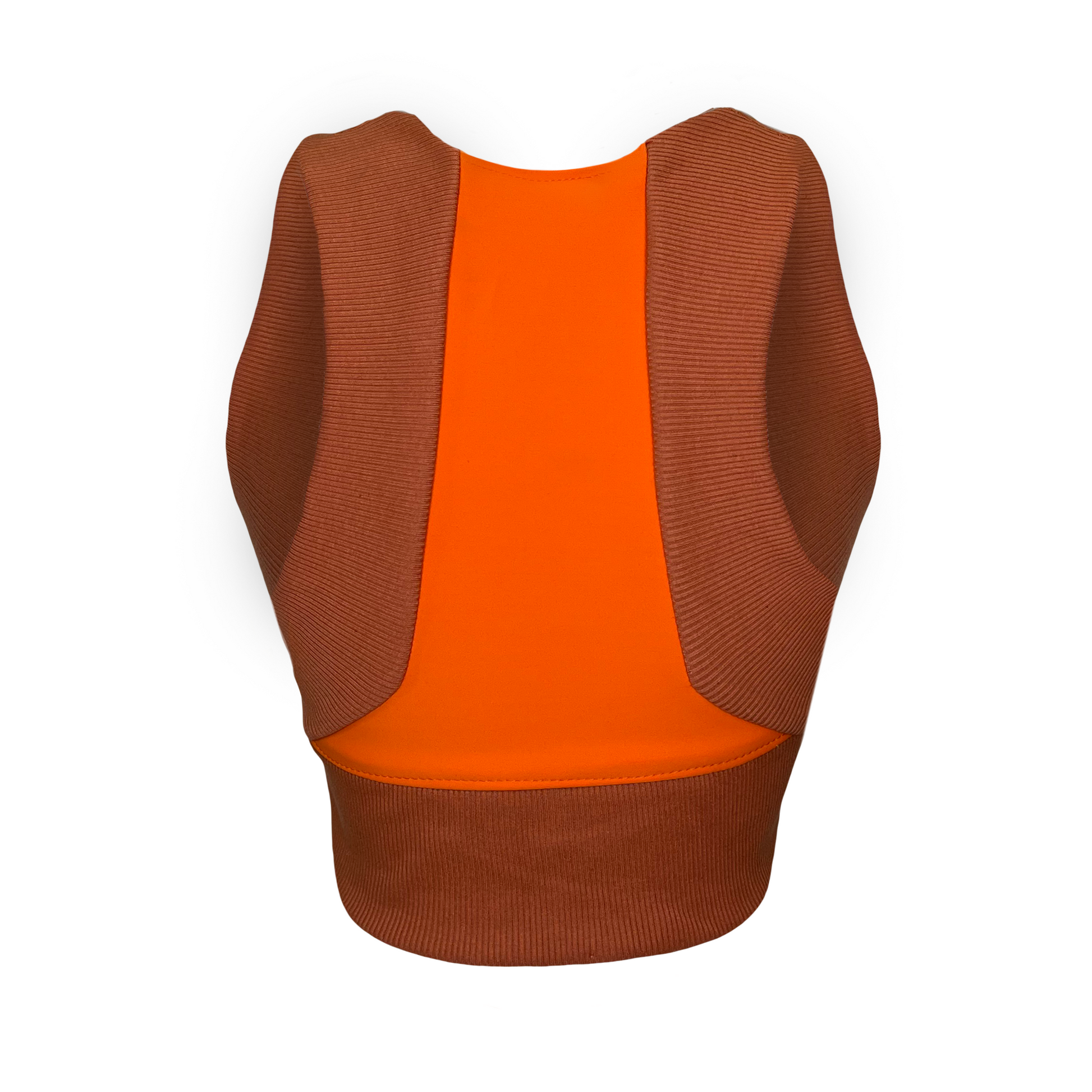 Backside of An orange sports top with a round neckline and knit panels around the shoulders.