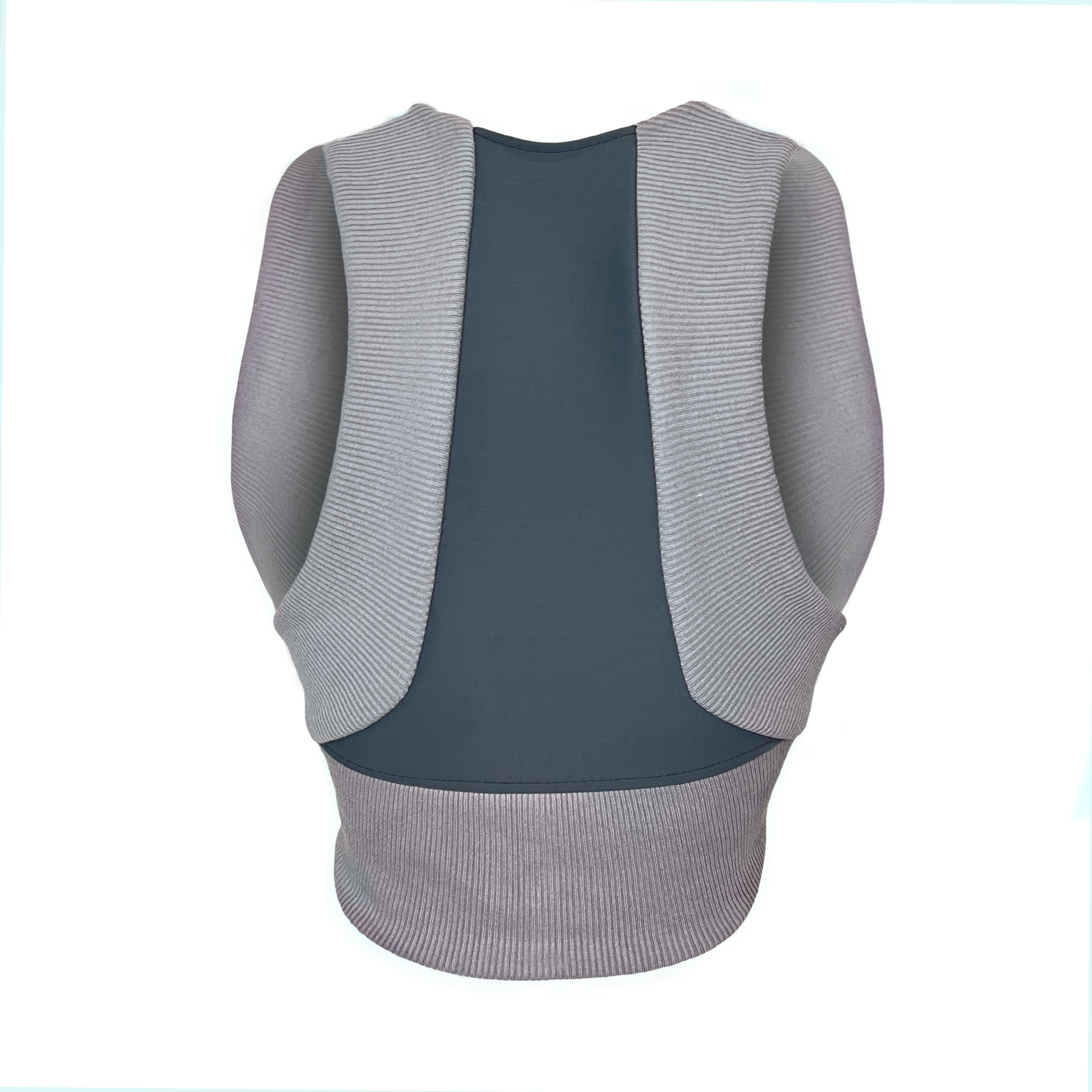 Backside of A gray and blue sports top with a round neckline and synthetic material.