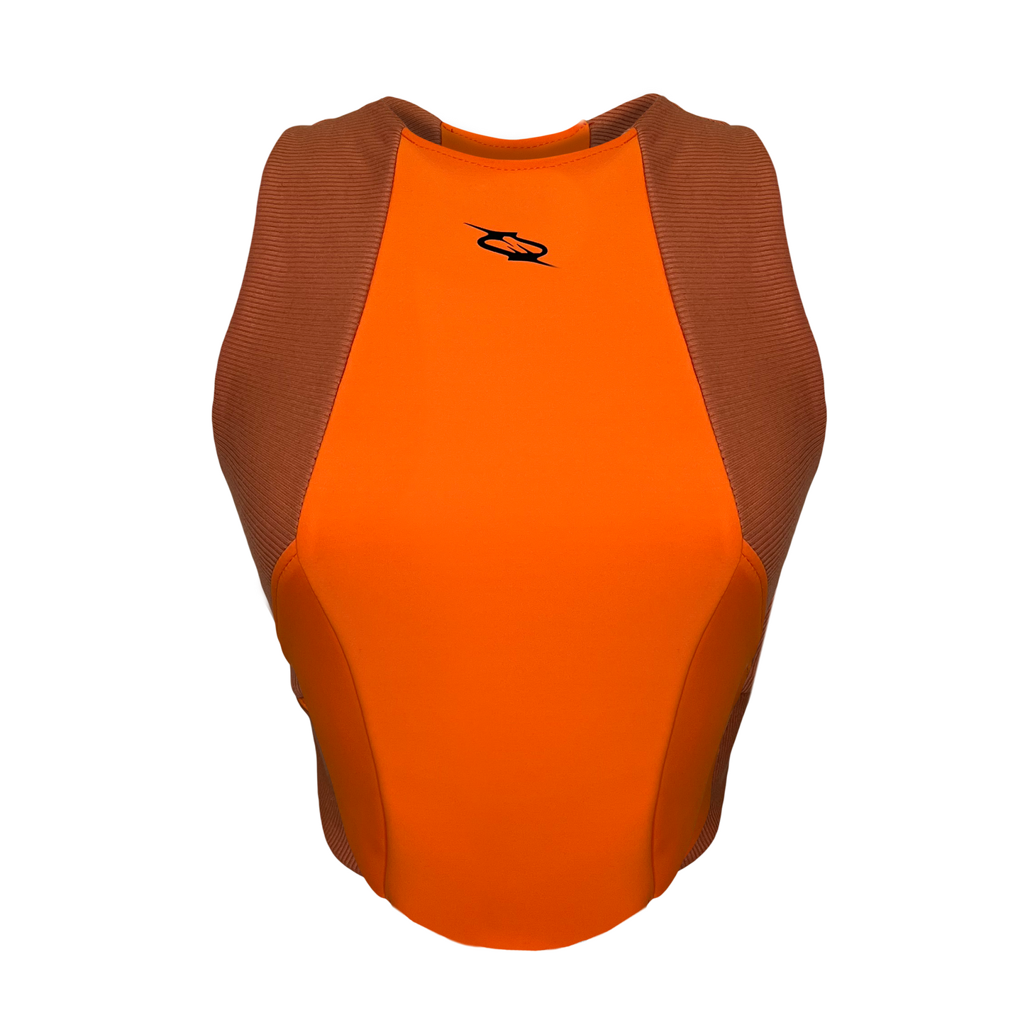 An orange sports top with a round neckline and knit panels around the shoulders.