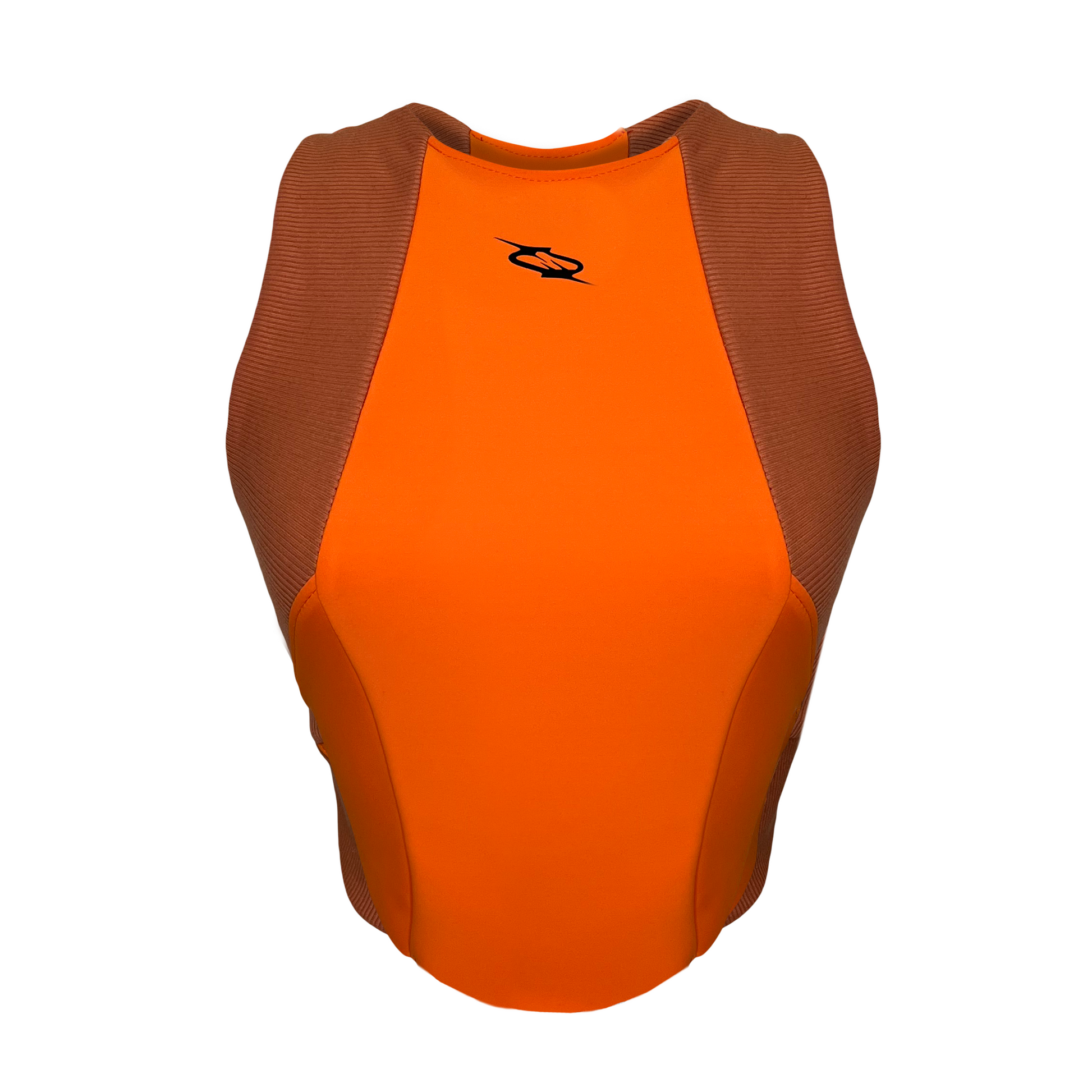 An orange sports top with a round neckline and knit panels around the shoulders.