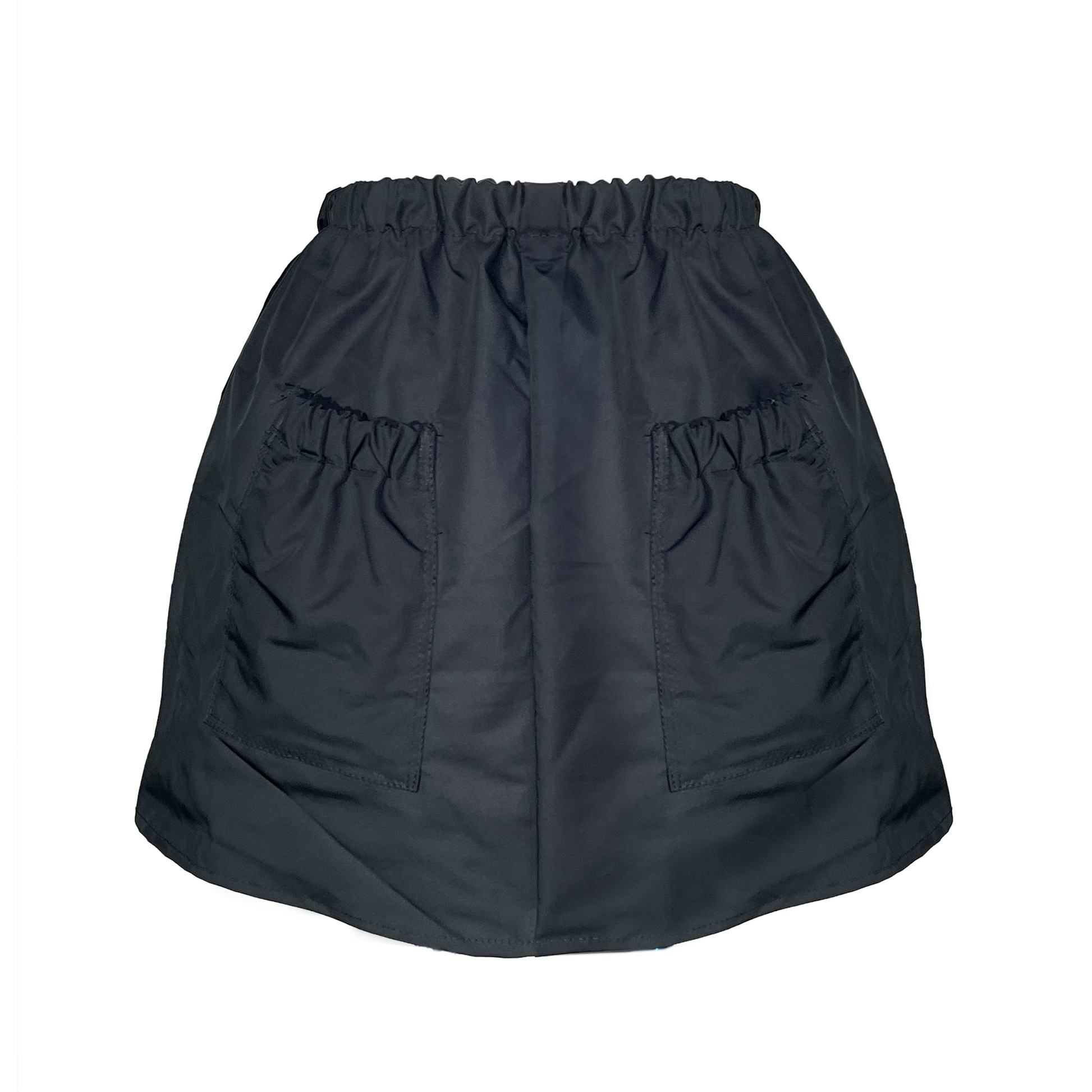 Backside of A black lightly flared mini skirt with two front pockets and bows, and two back pockets with scrunch detailing.