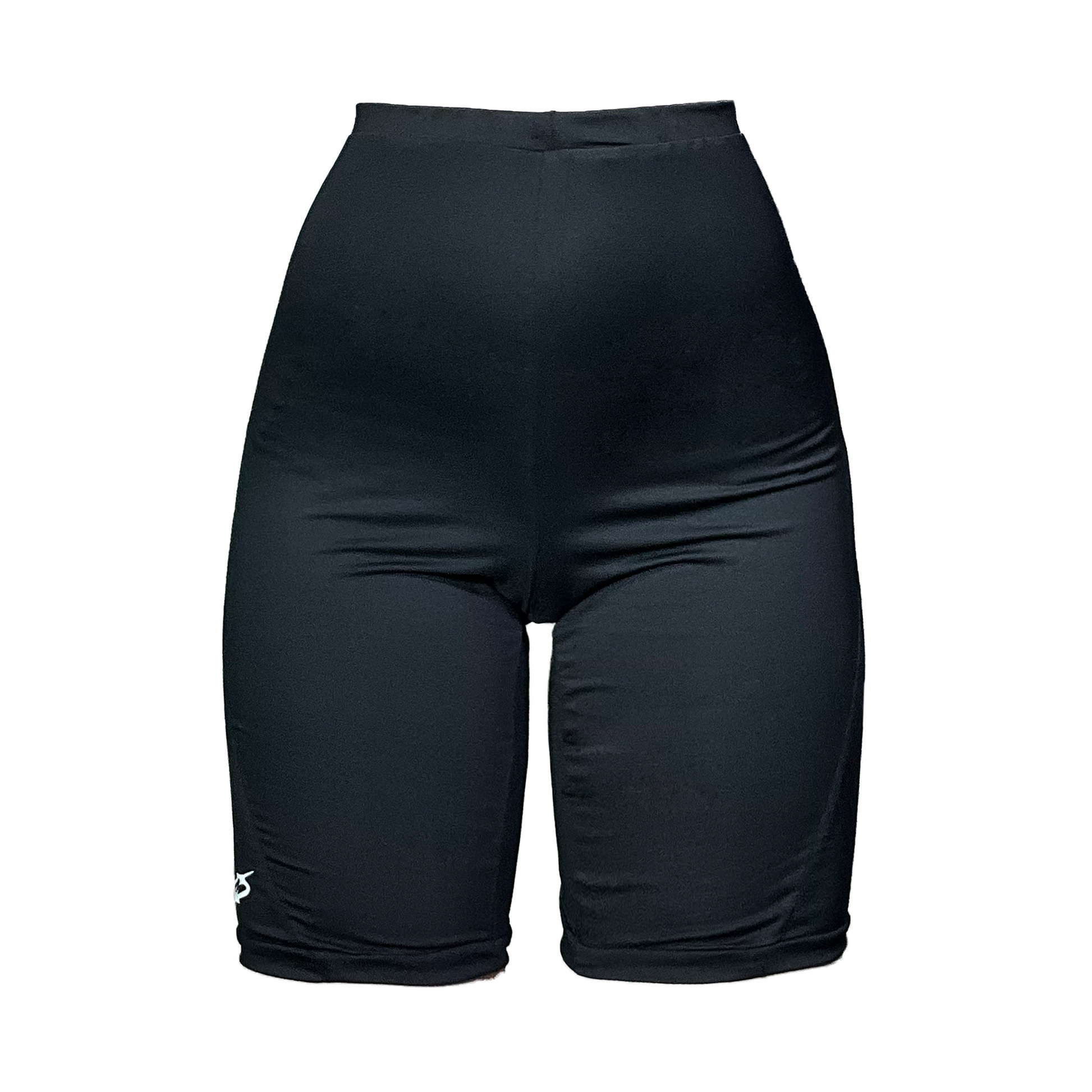 A pair of black tight-fitted cycling leggings with style lines and an elastic waistband.