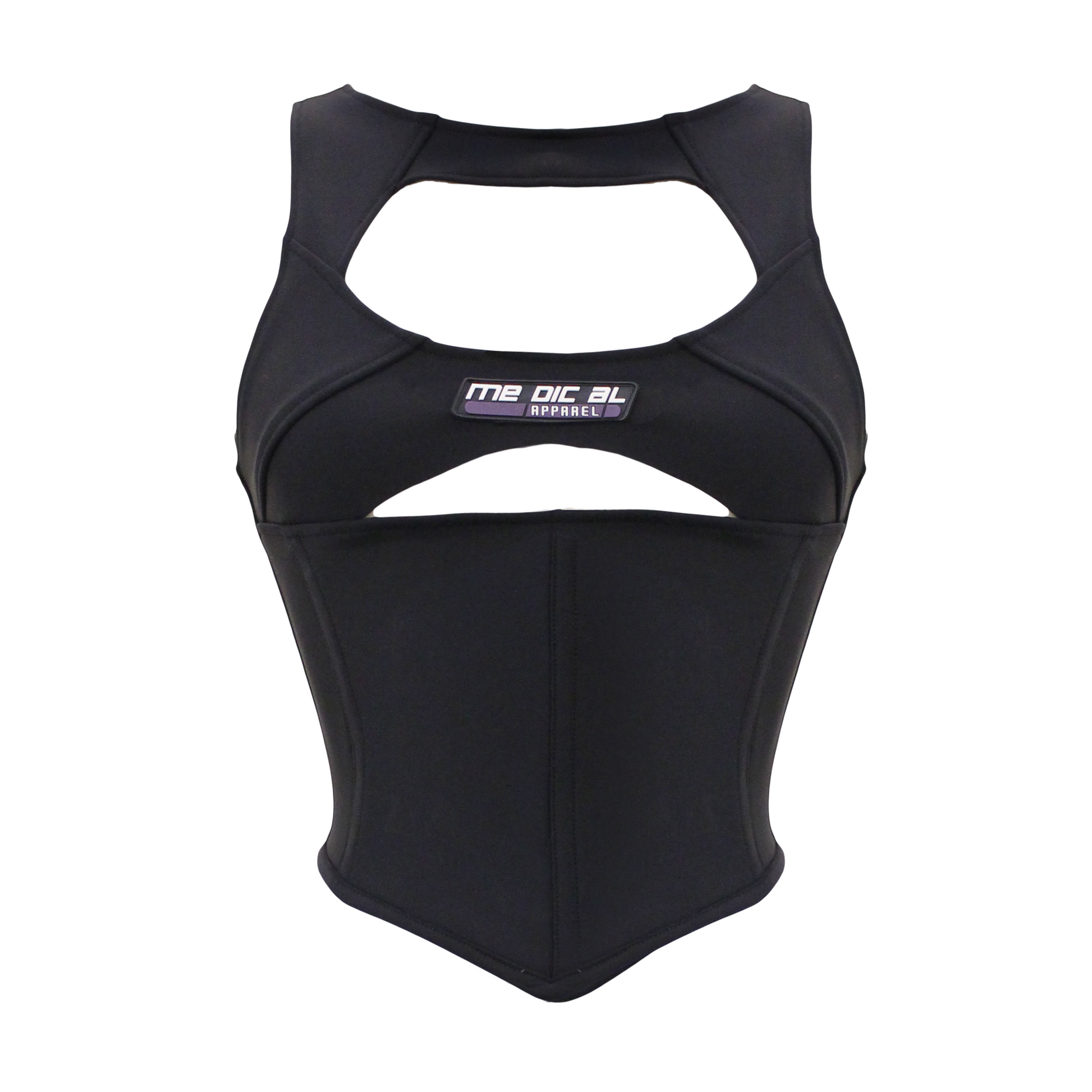 Black sports corset with cut out at the chest and bust, corset boning around the waist, and a zipper closure on the back.