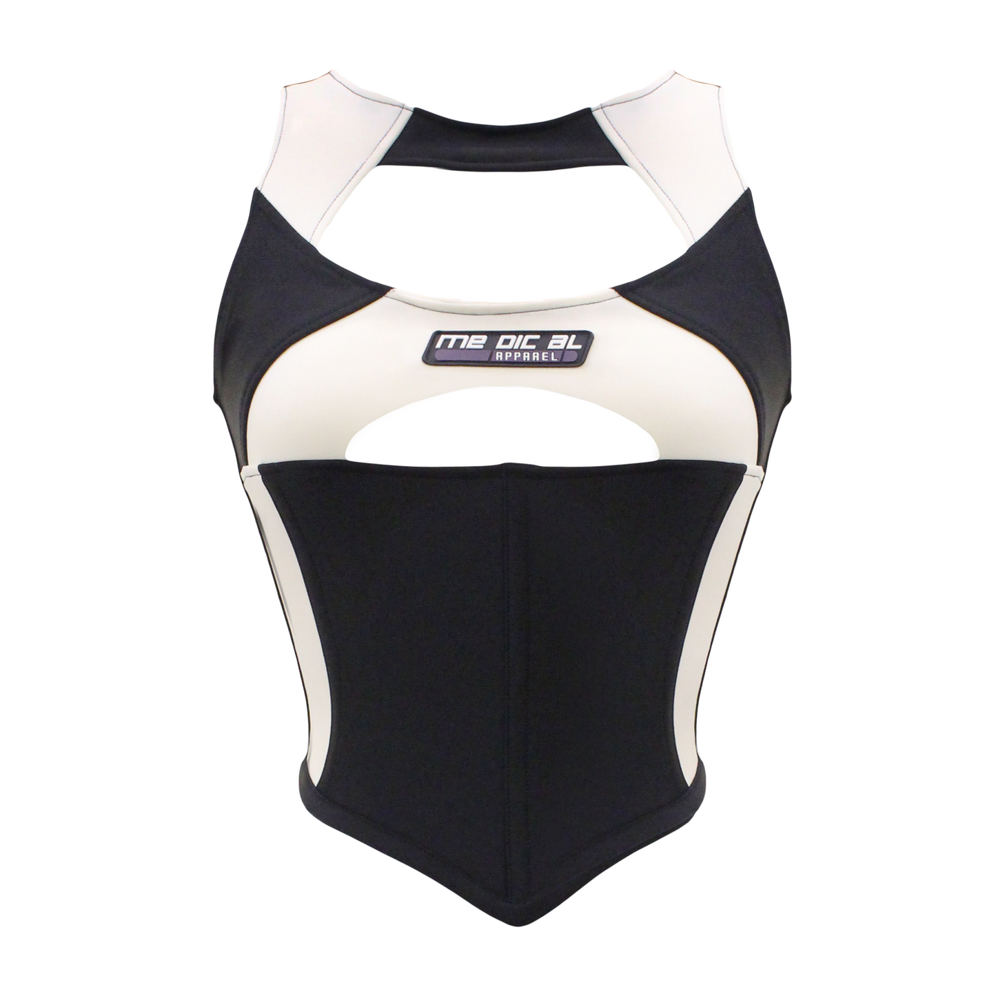 A sports corset in white and black with cut out areas at the chest and bust, featuring corset boning around the waist and a zipper closure on the back.