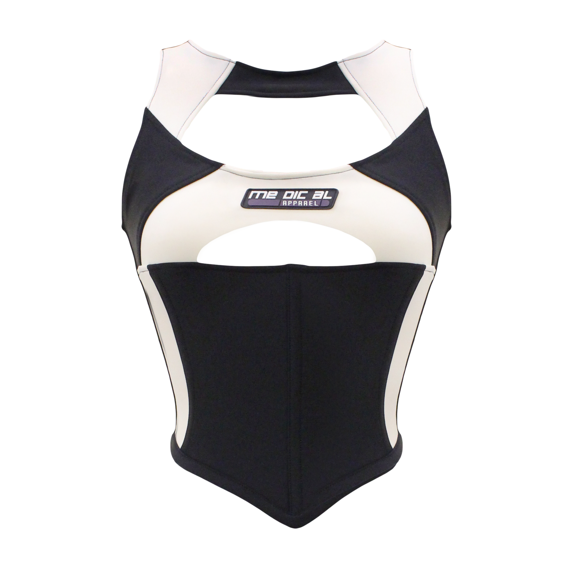 A sports corset in white and black with cut out areas at the chest and bust, featuring corset boning around the waist and a zipper closure on the back.