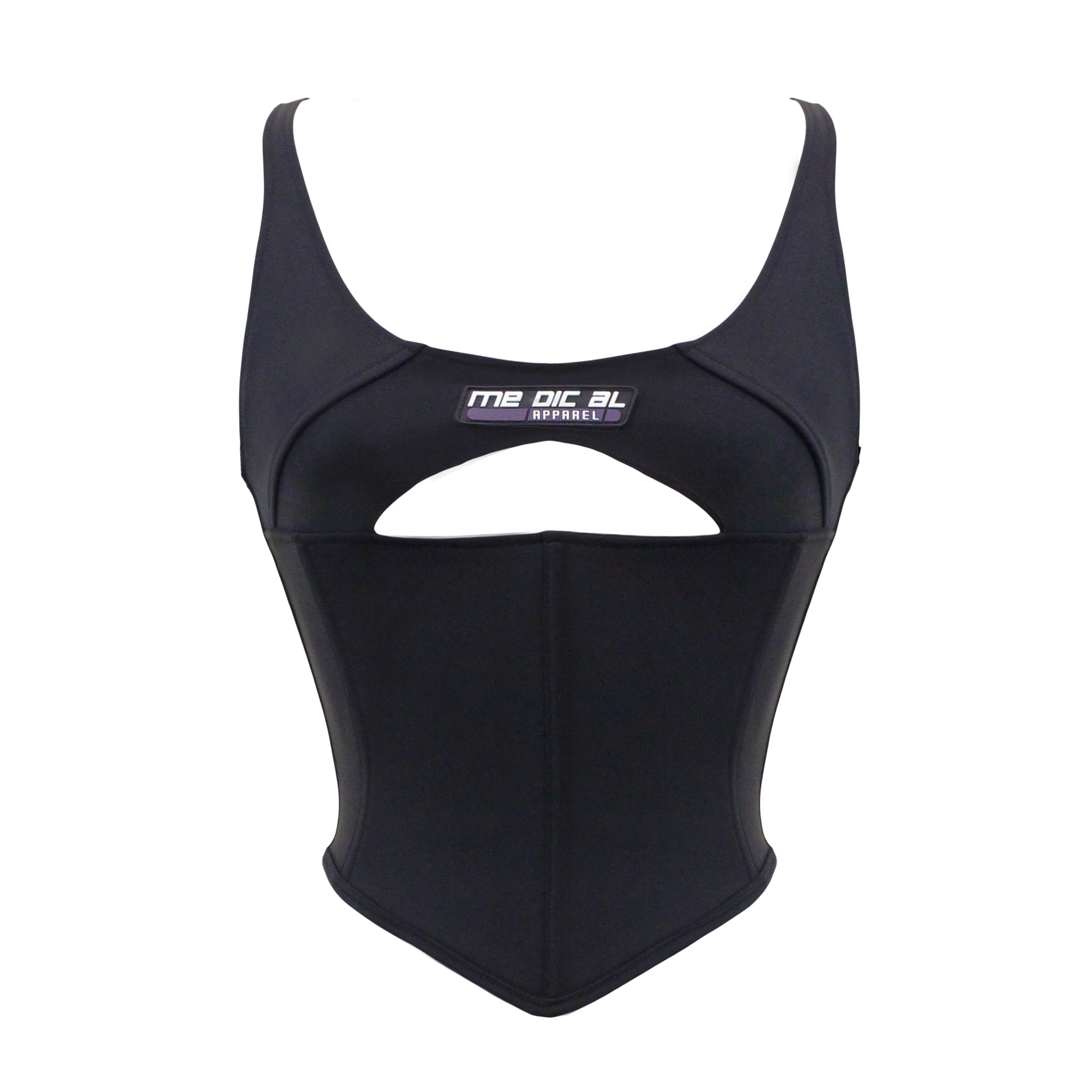 A tight fitted crop top with a low U shape neckline. A Cut out at the bust revealing the under bust. Corset boning around the waist. A zipper closure on the back. Me dic al PVC logo on the front.