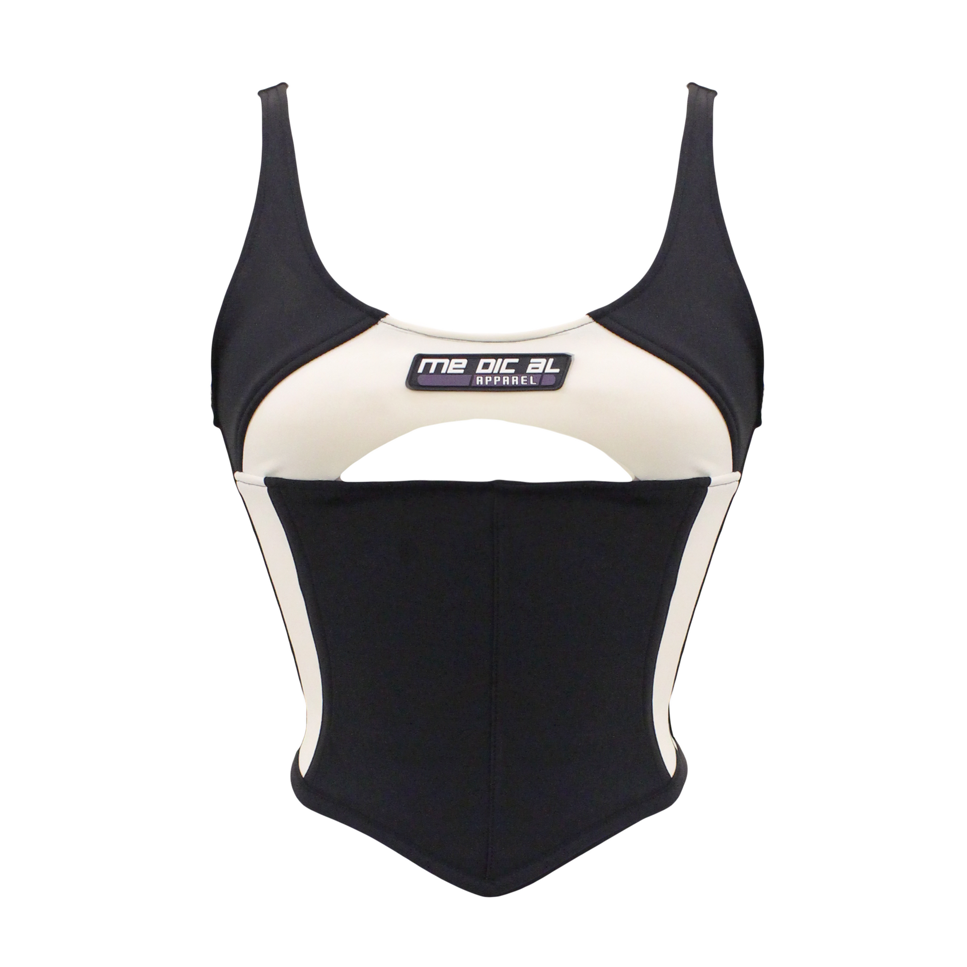 A white and black sports corset with a low U shape neckline, bust cut-out, waist corset boning, and a back zipper.