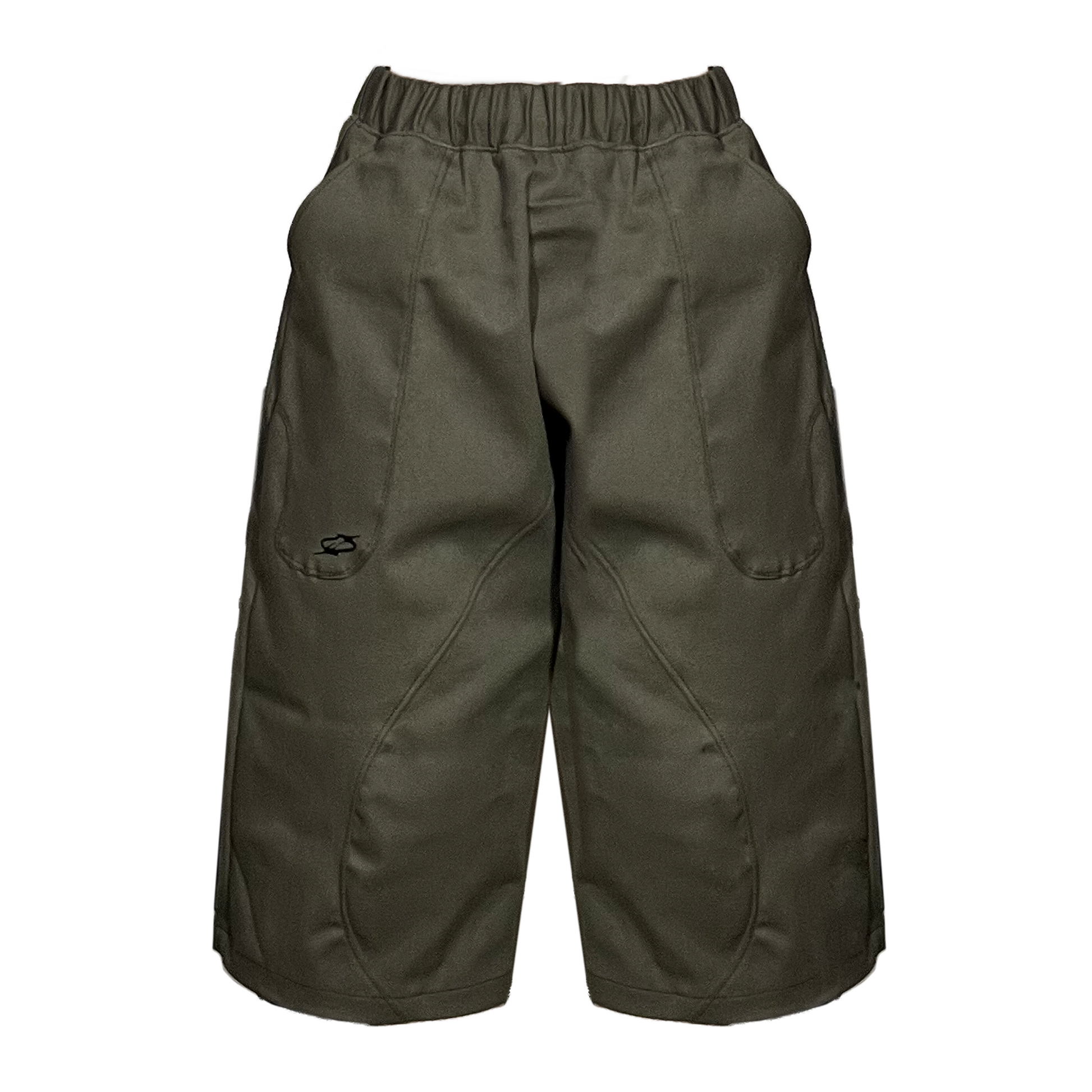 A pair of green cotton span shorts with an elastic waistband, featuring front and back pockets and a small brand logo on the front.