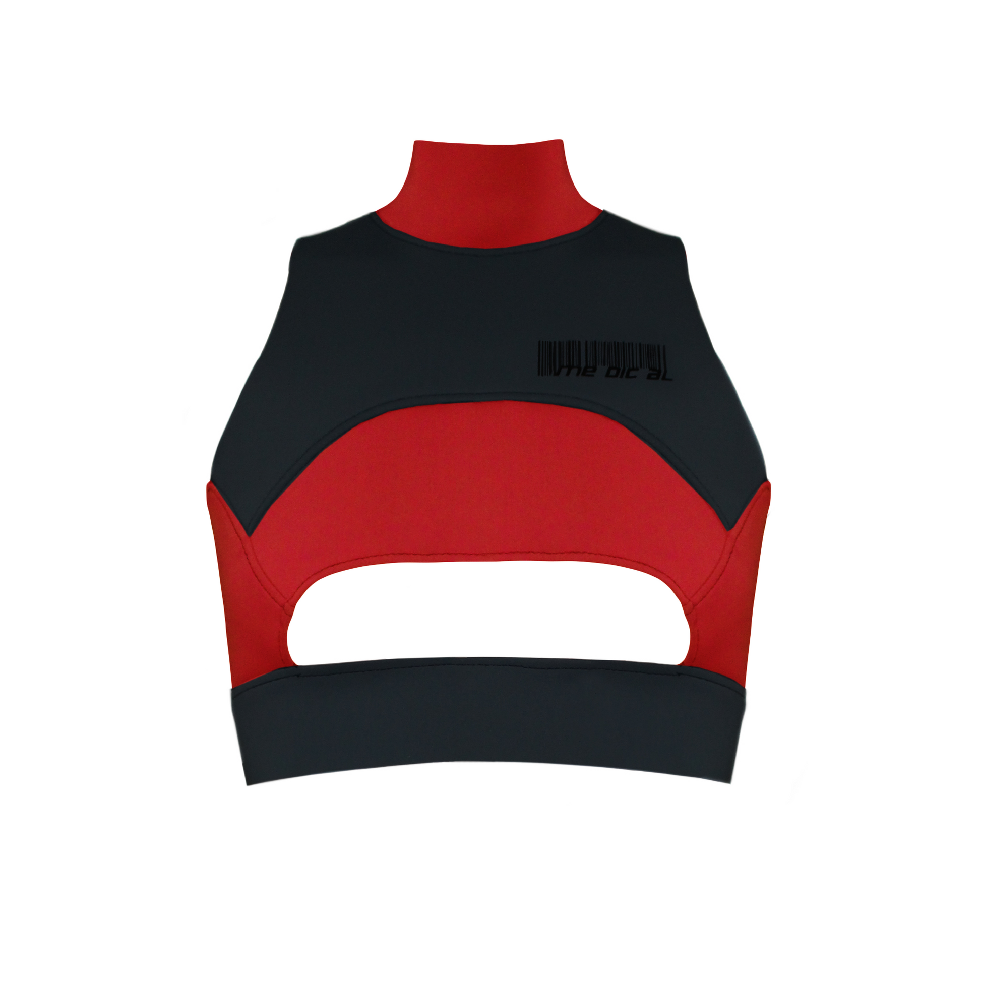 A black and red crop top with a turtle neck and a cutout in the front lower center, featuring a full metal zipper at the back. There is a visible barcode print on the front.