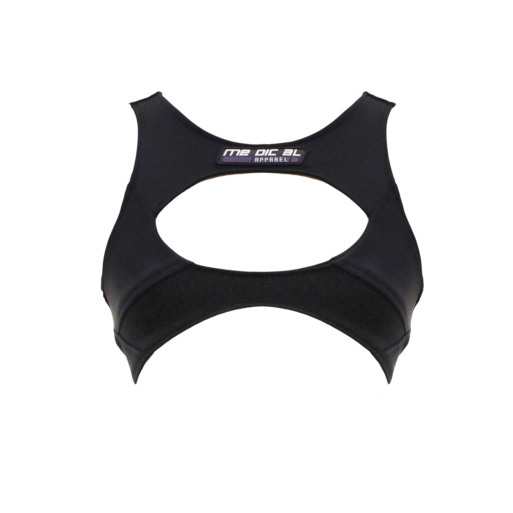 Black mini top with a wider neckline and chest cut out, featuring a high waistline and a medical PVC logo on the front.