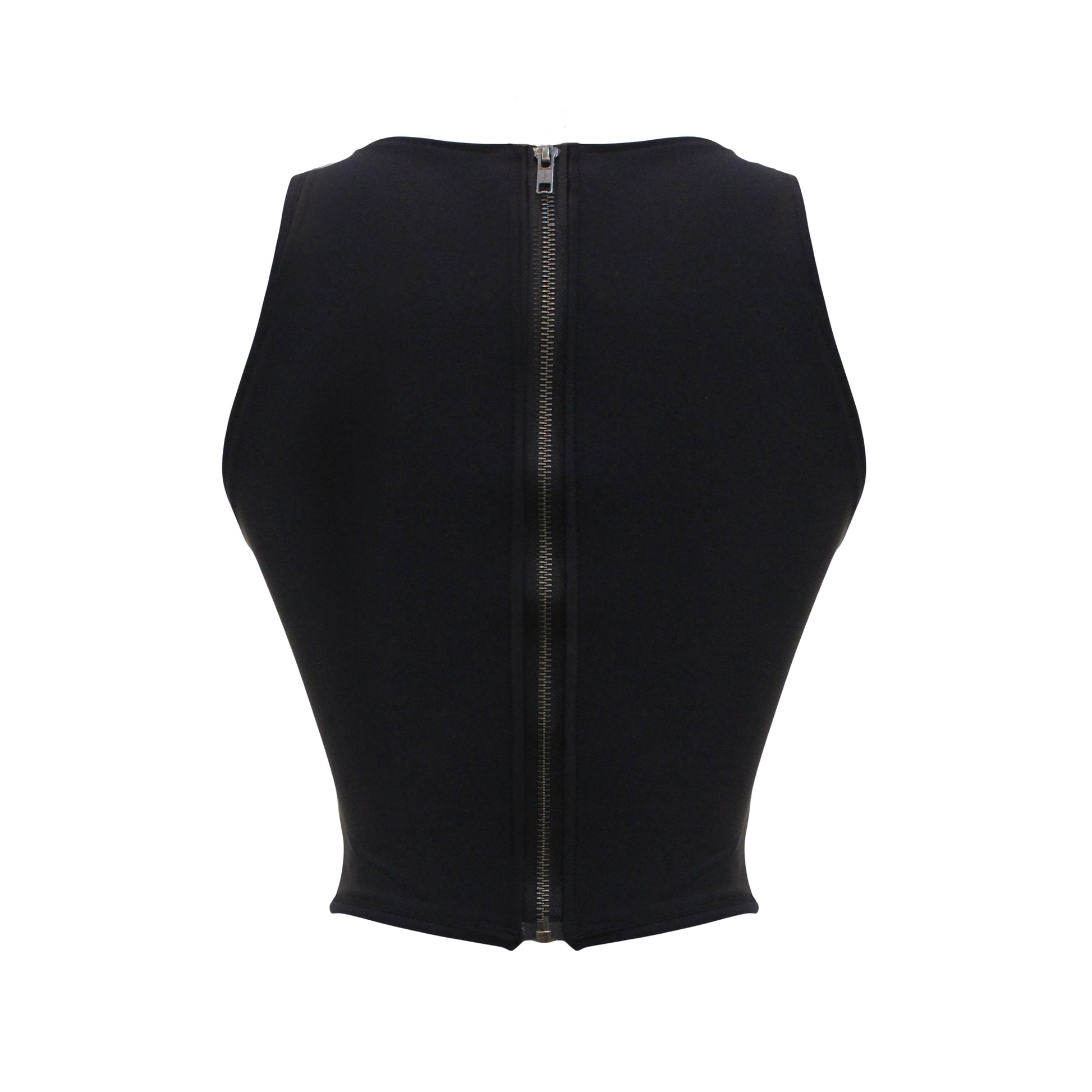 Backside of A white and black sports corset with a low U shape neckline, bust cut-out, waist corset boning, and a back zipper.