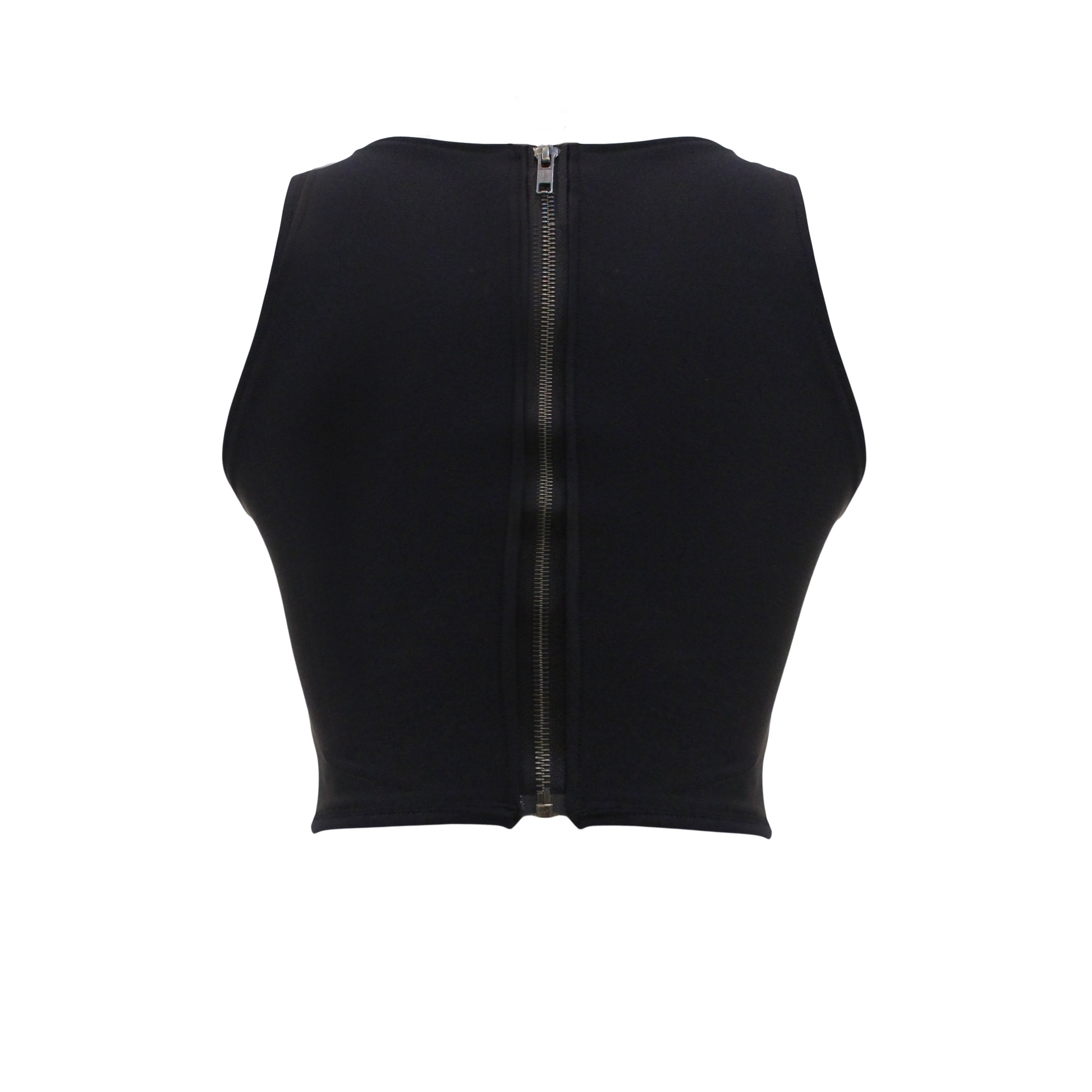 Backside of Black mini top with a wider neckline and chest cut out, featuring a high waistline and a medical PVC logo on the front.