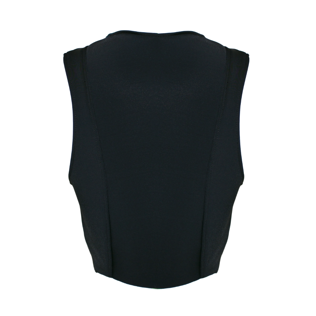 Backside of Black cyberpunk techwear vest with zipper front and futuristic design – urban streetwear crop top style for women in modern techwear fashion.