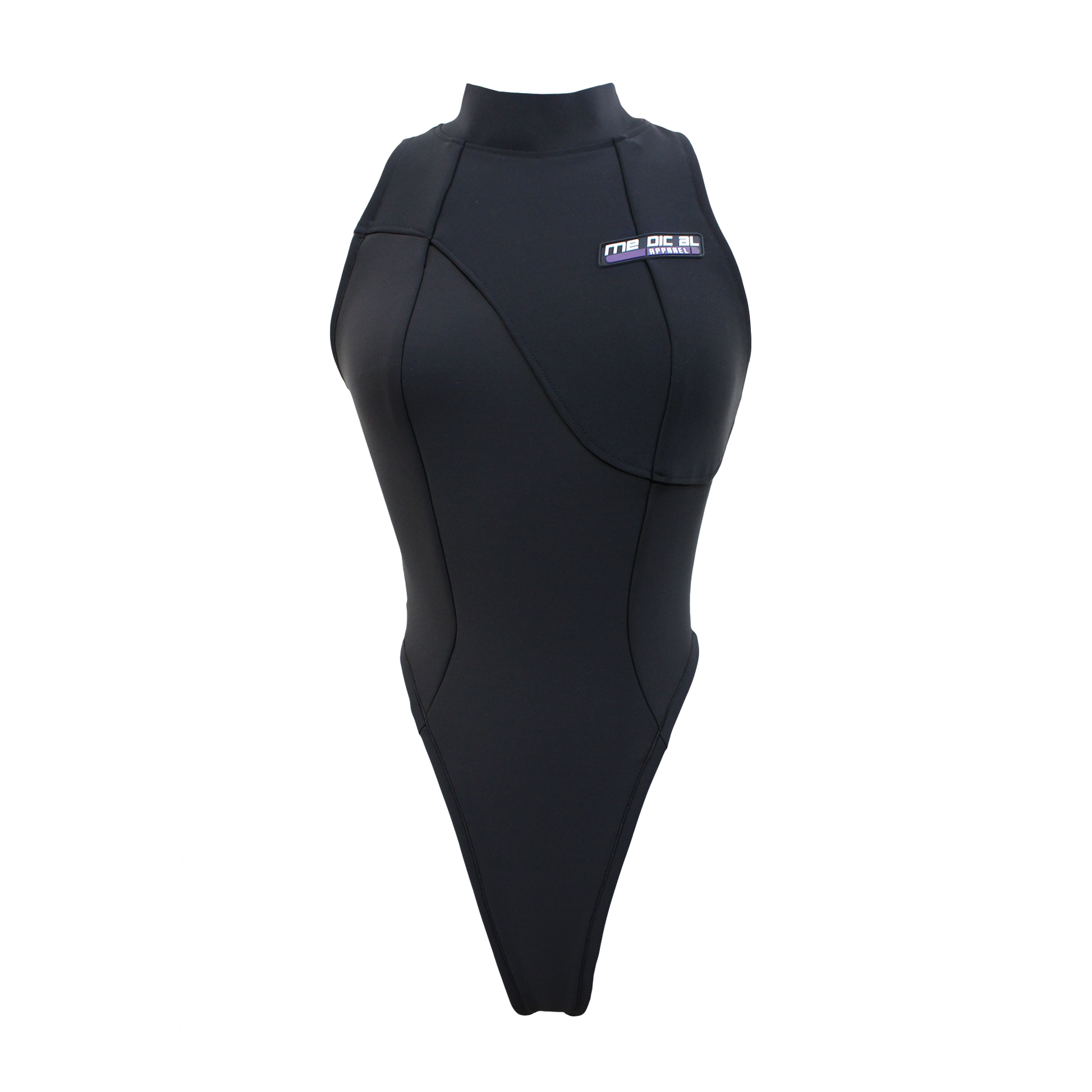 A black bodysuit with a high neck and a zipper opening at the back, featuring a medical PVC logo in the front.