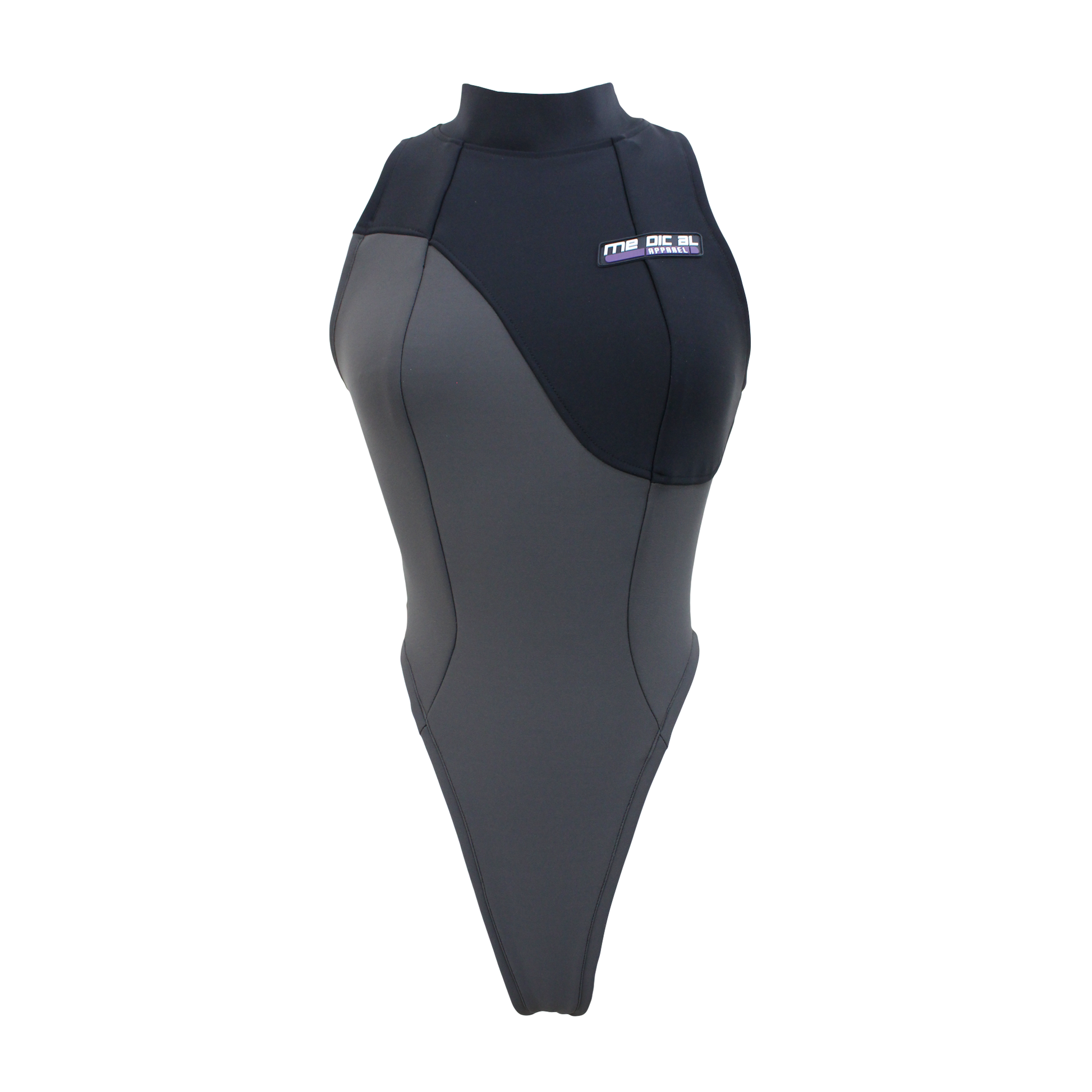 A two-toned black and gray bodysuit with a zipper opening in the back and a logo on the front.