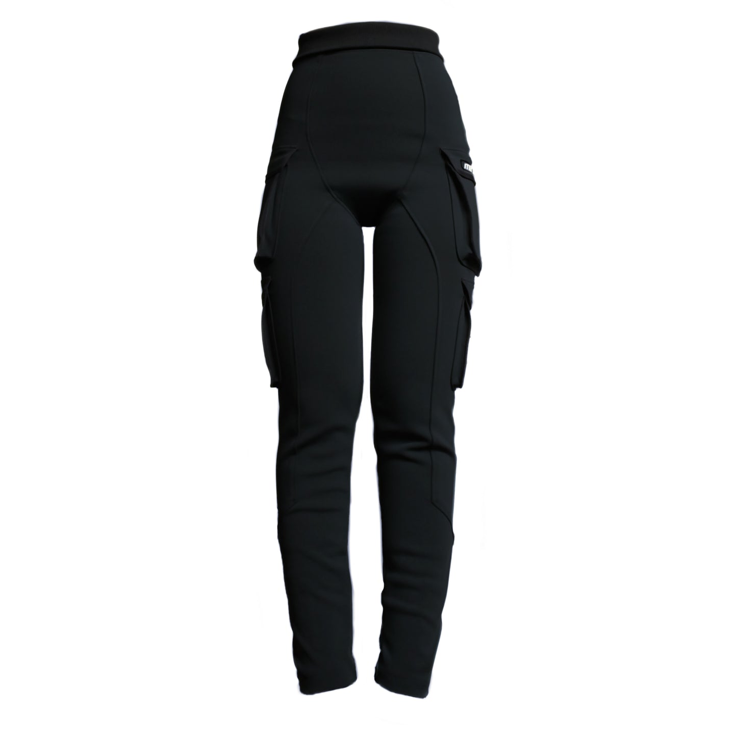 A pair of black cargo leggings with multiple pockets and a foldable waistband, displayed against a white background.