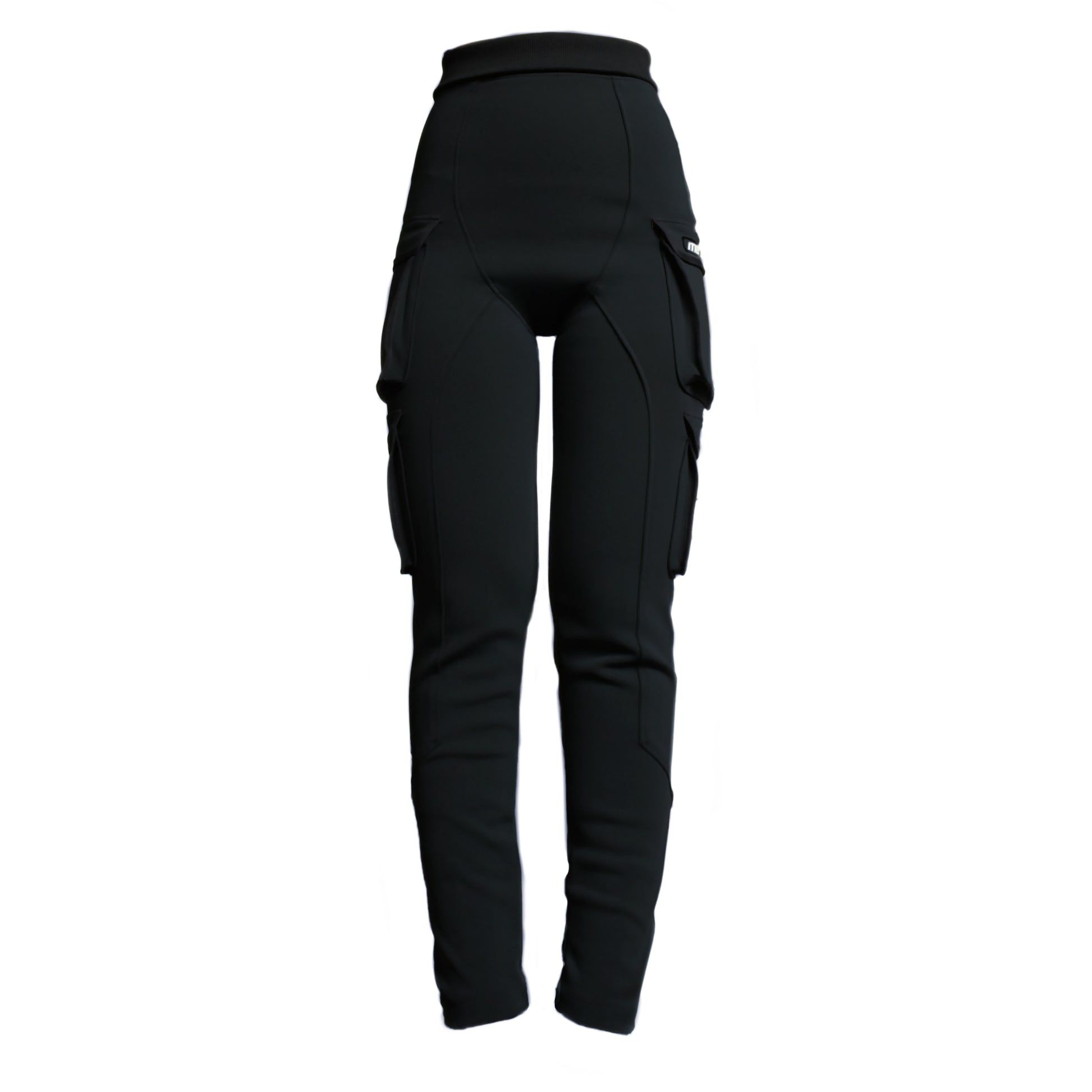 A pair of black cargo leggings with multiple pockets and a foldable waistband, displayed against a white background.