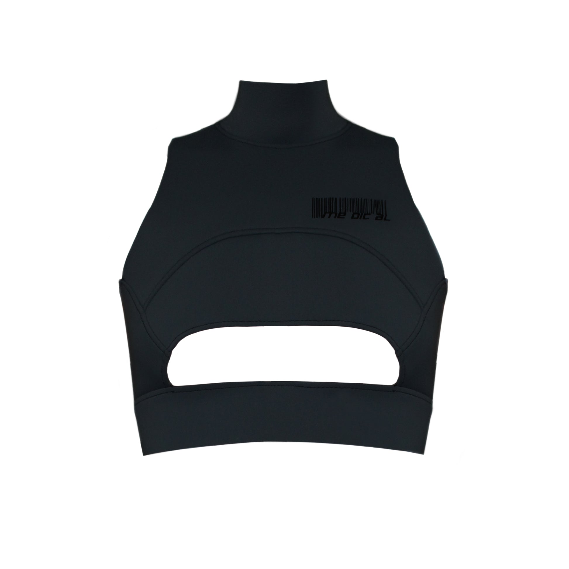 Black crop top with a cutout in the front lower center, a mid-sized turtle neck, and a full metal zipper closure in the back. There is a printed barcode on the front.