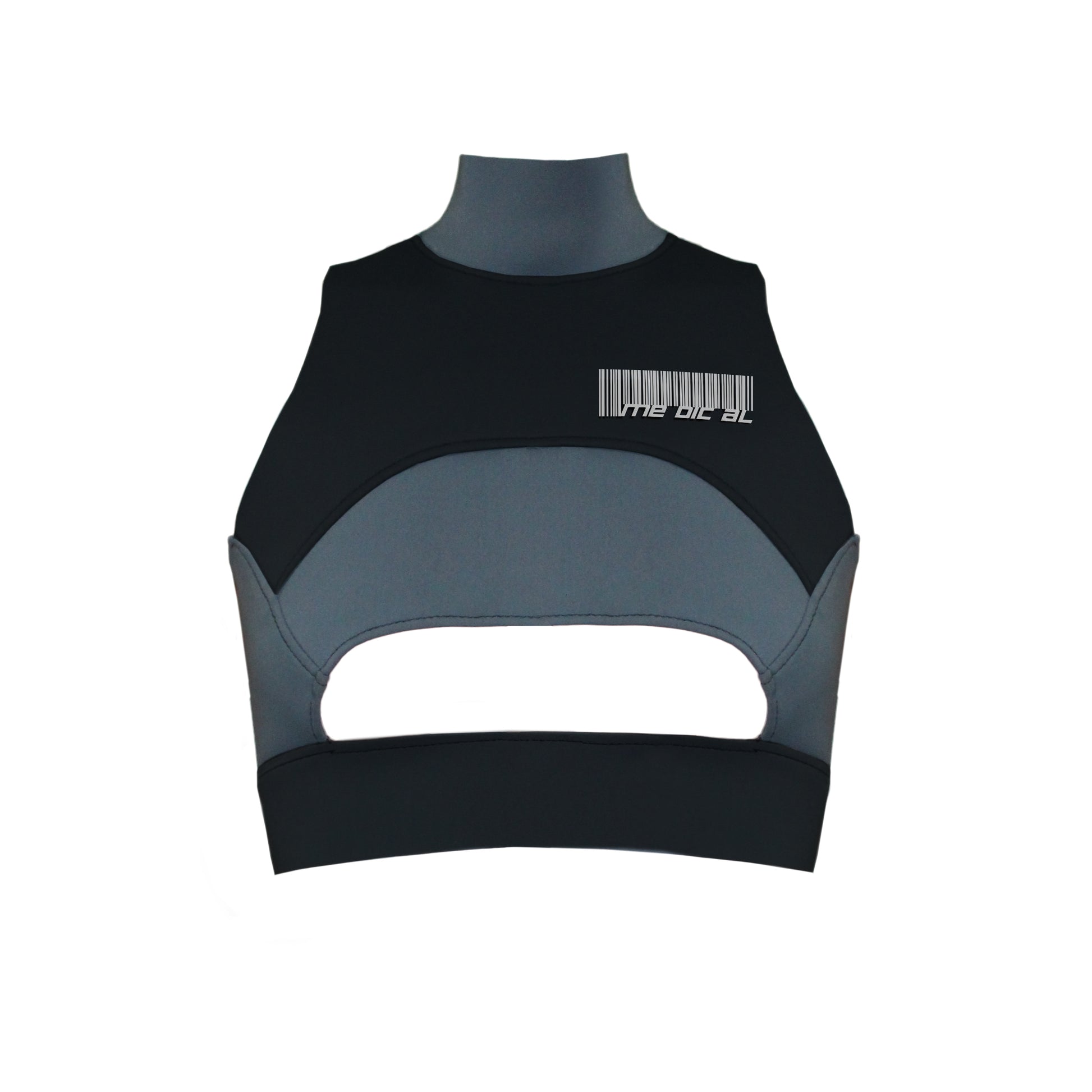 A black and gray crop top with a cutout at the front lower center, a mid-sized turtle neck, and a metal zipper closure in the back. It features a barcode print on the front.