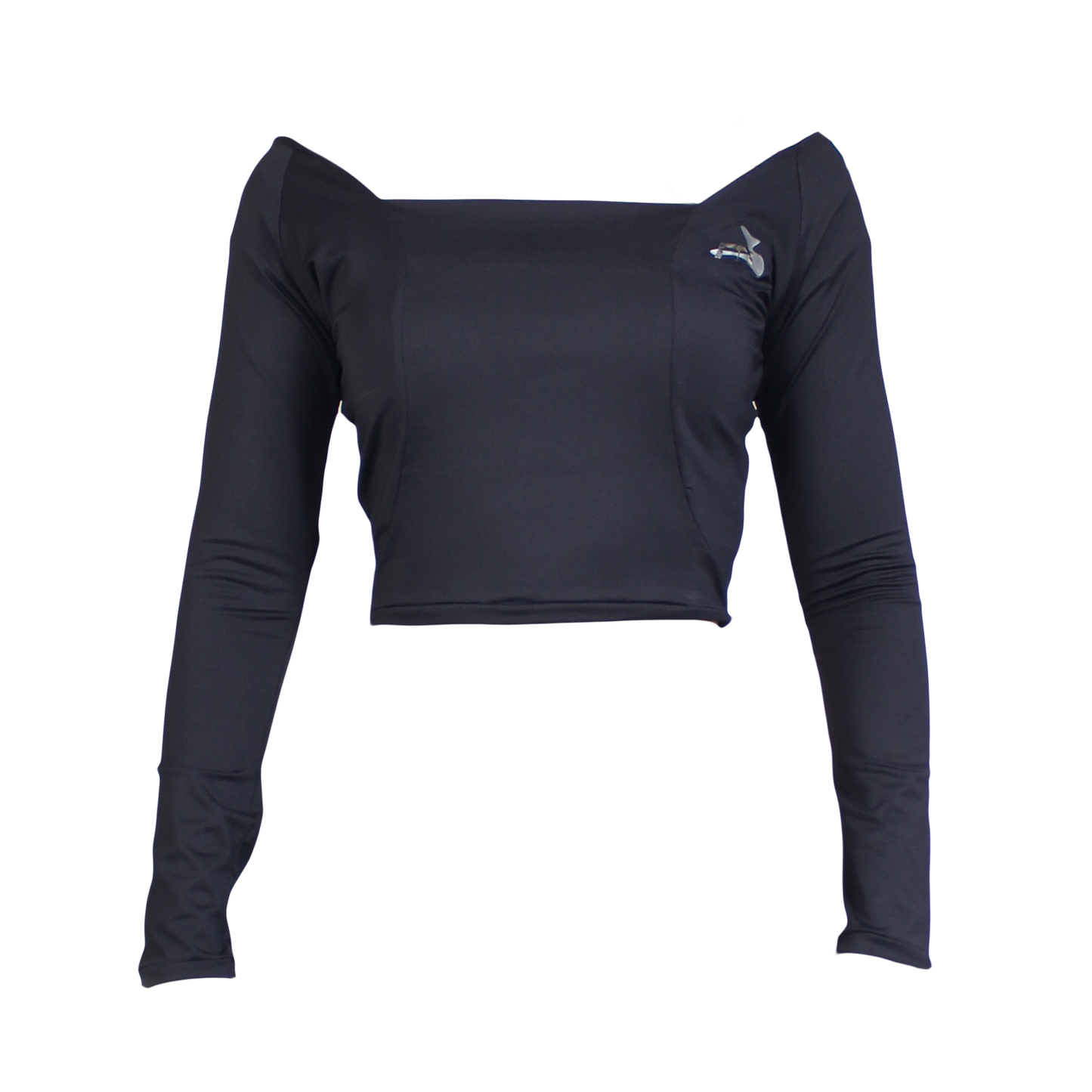 Black crop top with a square neckline and long sleeves.