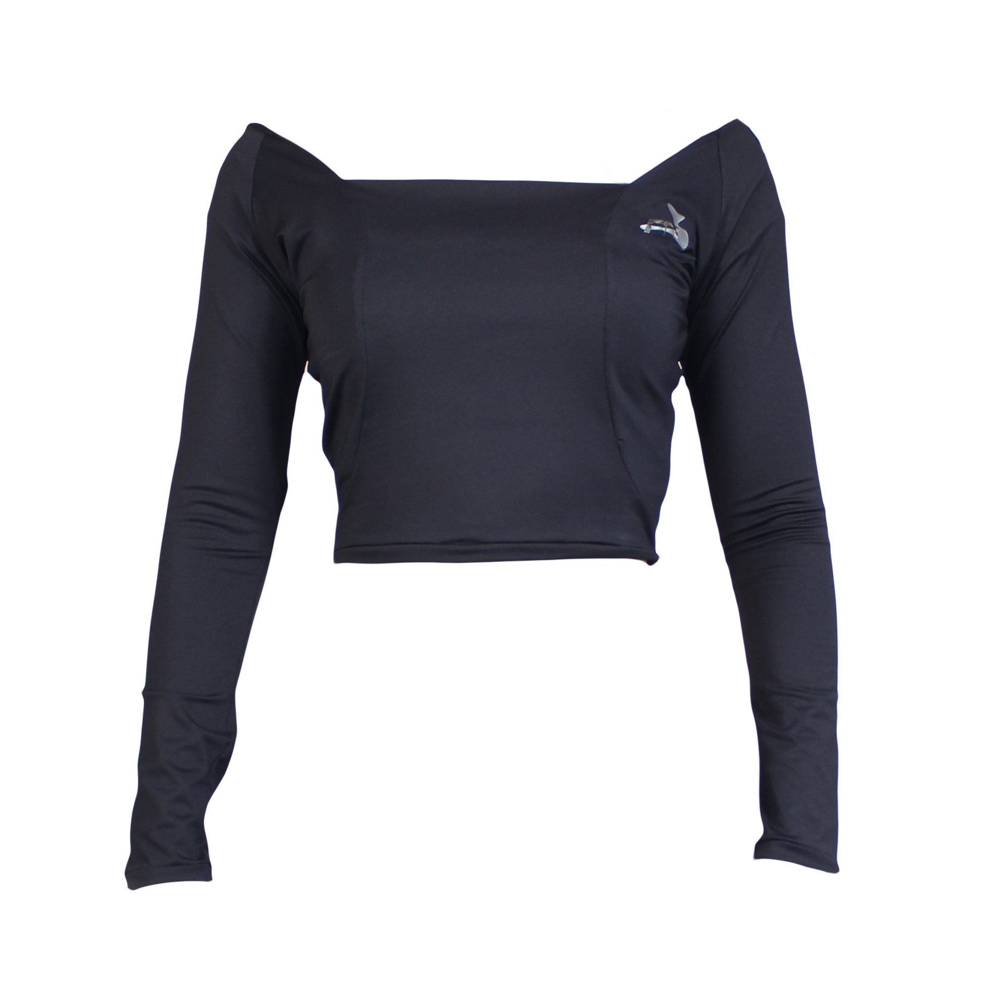 Black crop top with a square neckline and long sleeves.