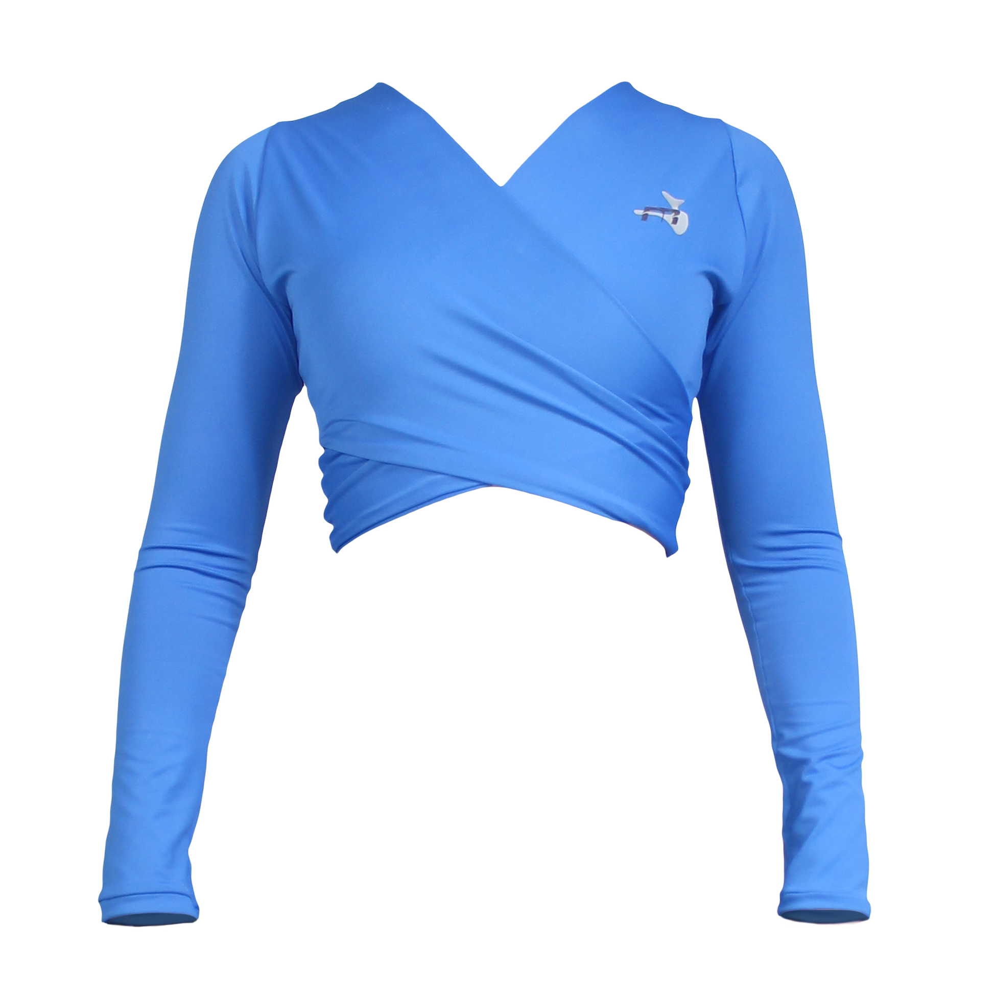 Blue long sleeved crop top with a round neckline and a logo on the chest area.