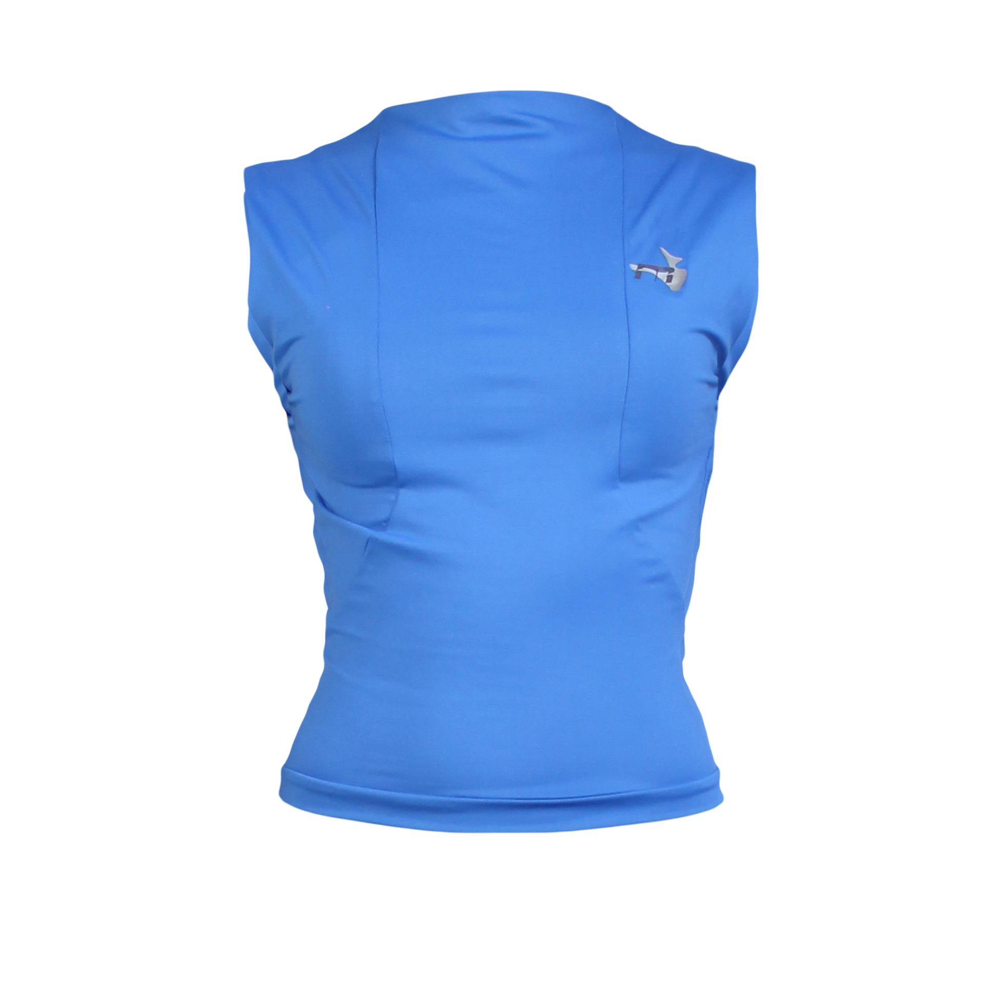 Sleeveless blue top with a high neckline, displayed on a mannequin.
