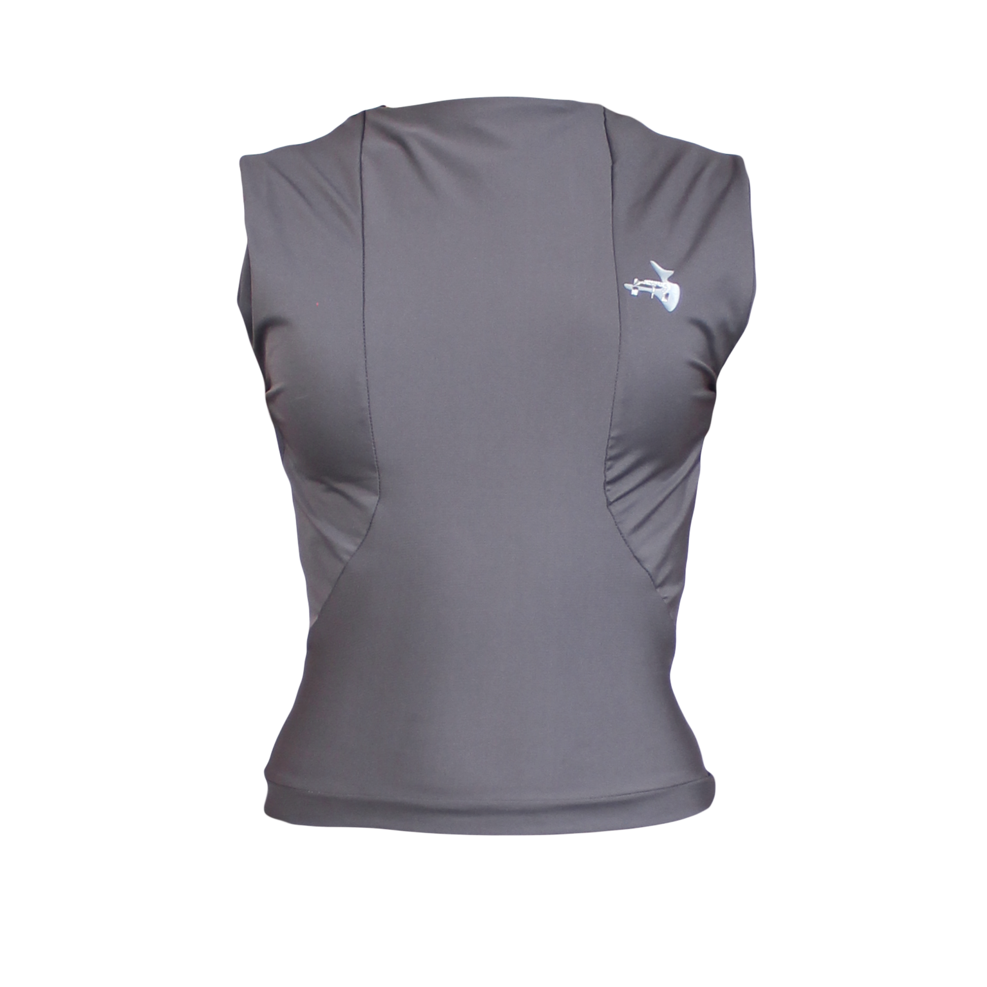 A grey mid waist long tight fitted top, with style lines
going from the neck down to the waist. Sleeveless, but
covers up to the shoulder points. The slit neckline creates
a soft draping effect around the neck.
Me dic al Logo print on the left upper chest.
Available in 3 different colors.