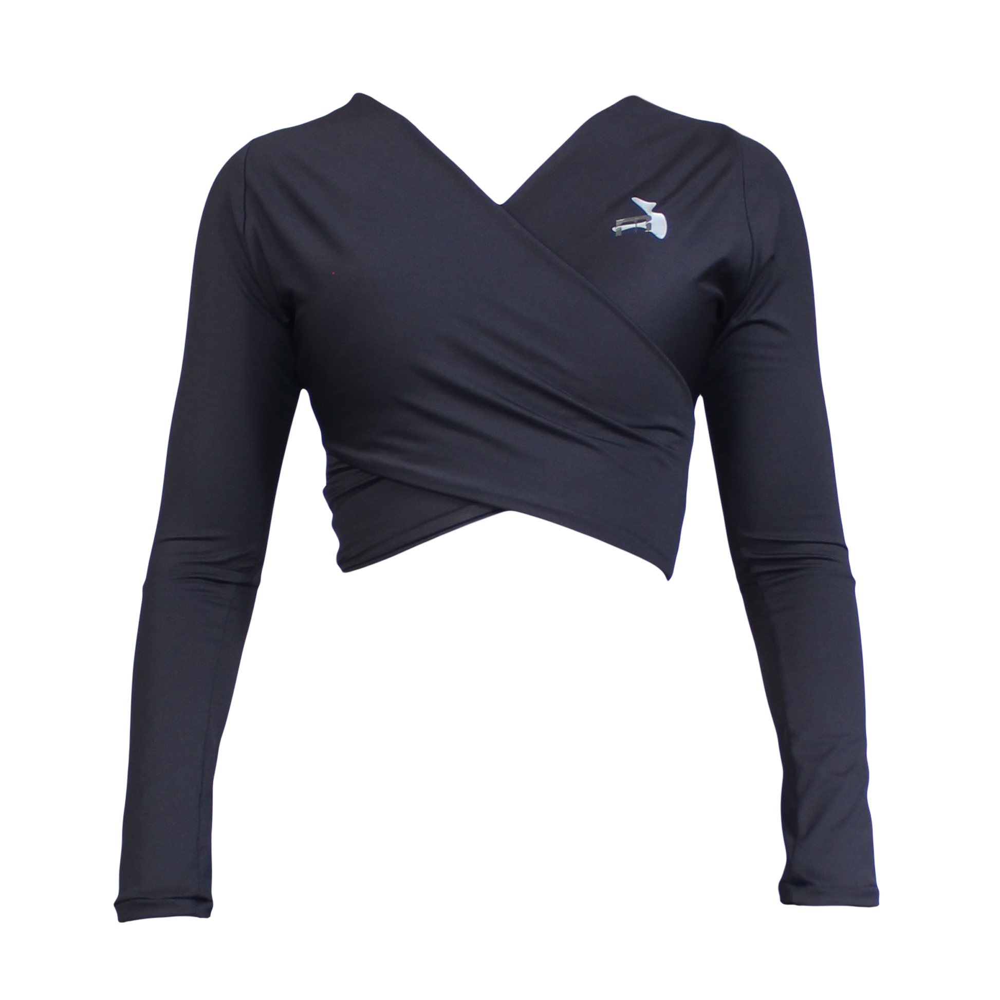 A two part top that worn together crosses
over the chest. A V neckline in the front and back. And also a wrapping effect around the waist. 
Long sleeves to the wrists. 
Me dic al logo print on the left upper chest. Light, cooling and quick drying fabric material. 
Can be worn for athletic purposes.
And also can be worn separately.