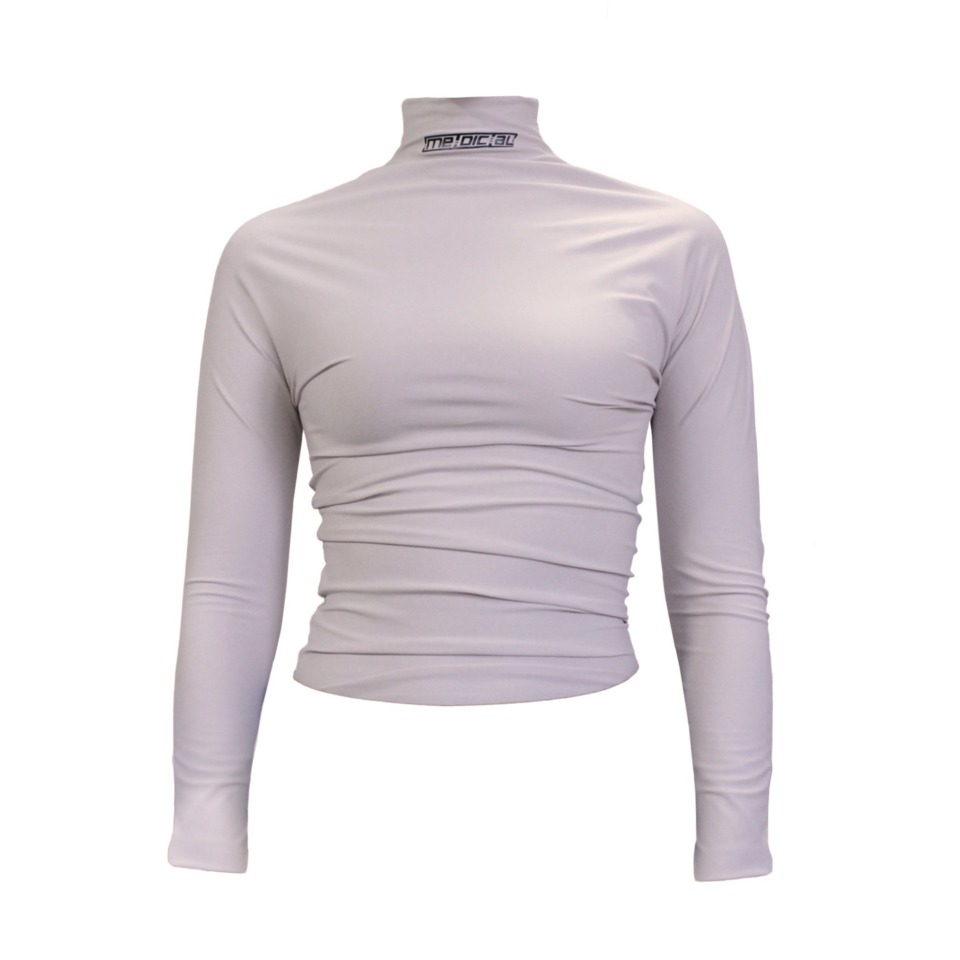 A beige, turtle neck, short-sleeved SECONSKIN top for women, with unhemmed edges at the neck and arms.