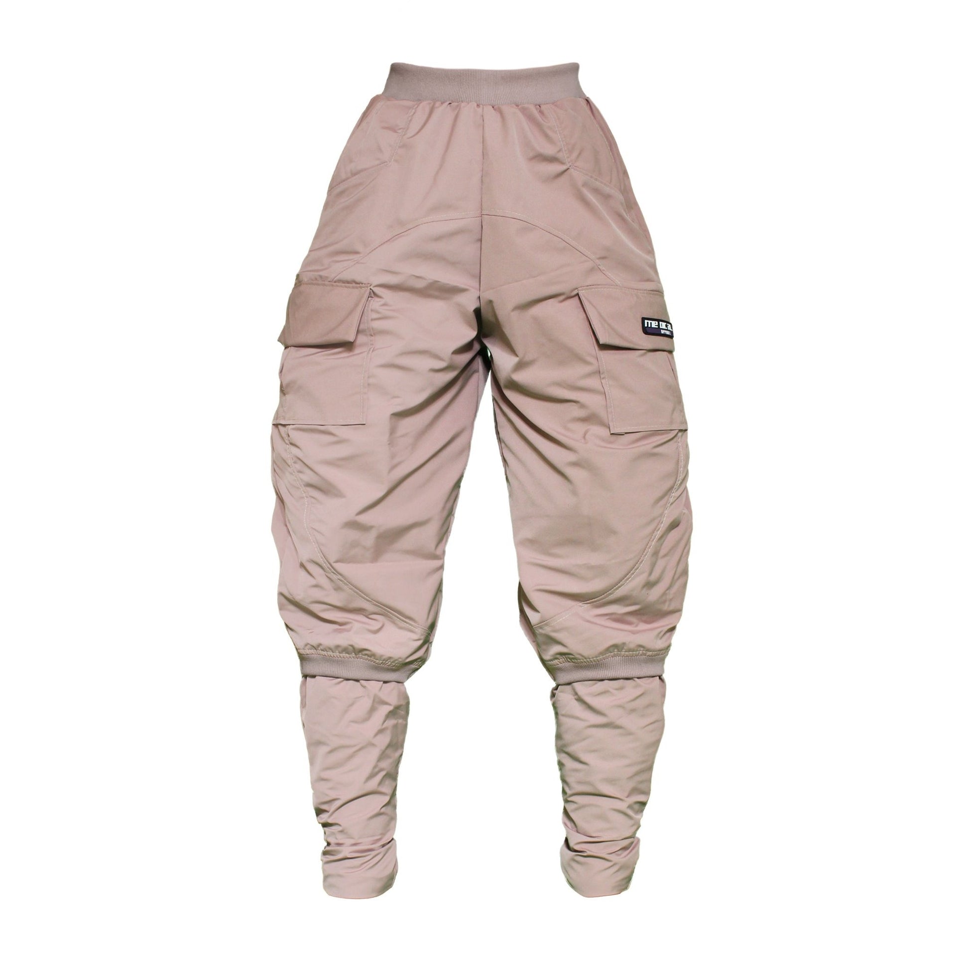 Unisex dusty rose pants with multiple pockets and a visible brand label on the lower left leg.