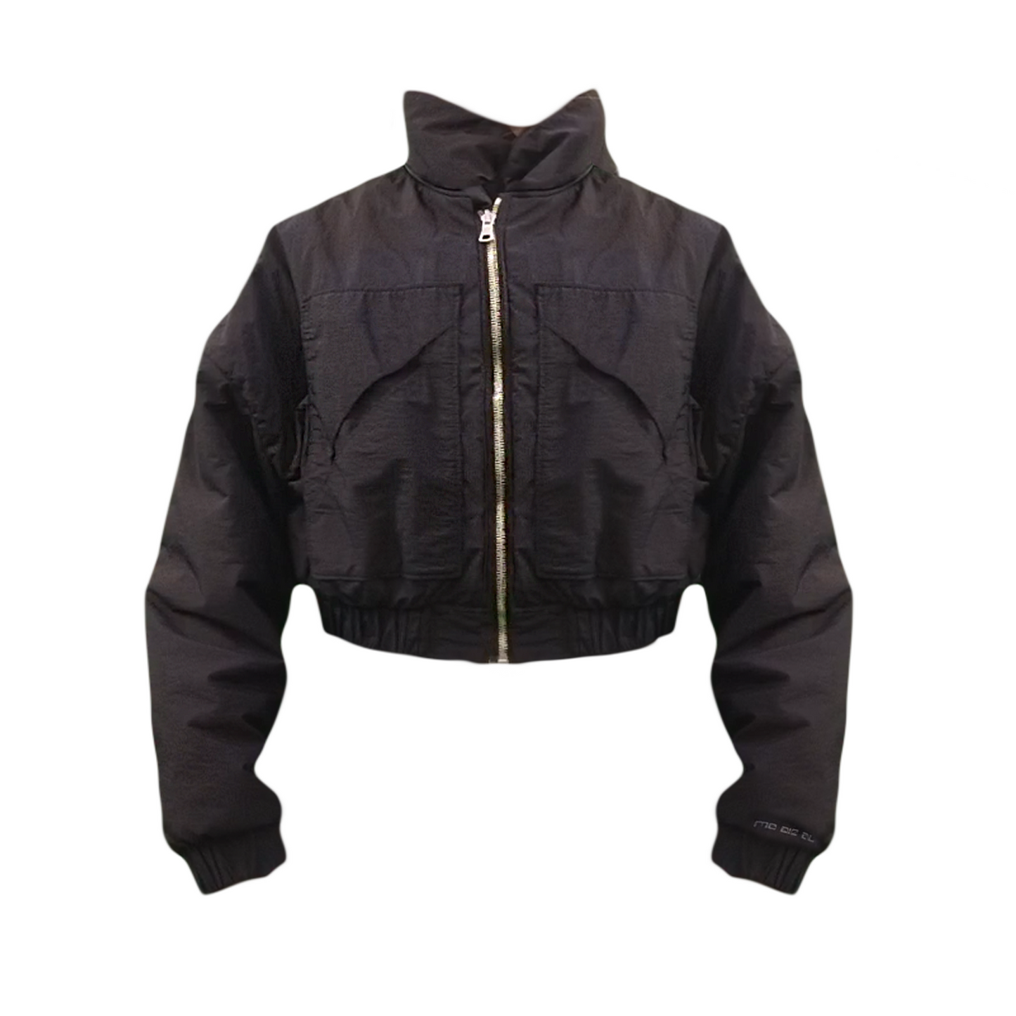 A black crop jacket with a collar, zippered front, and a cropped fit.