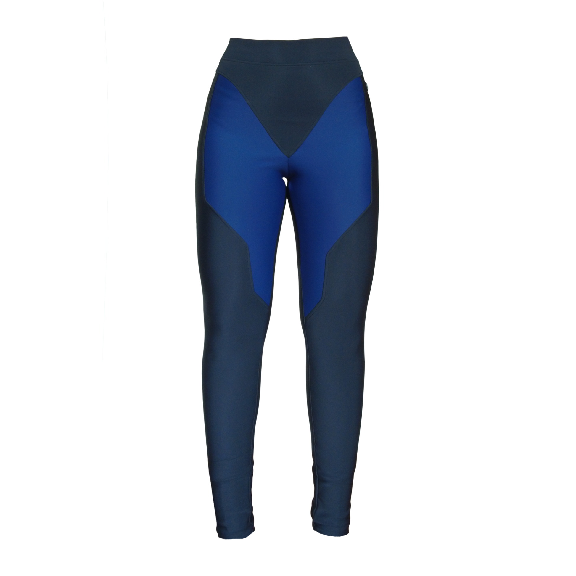 High waisted black and blue leggings with a visible logo on the side.