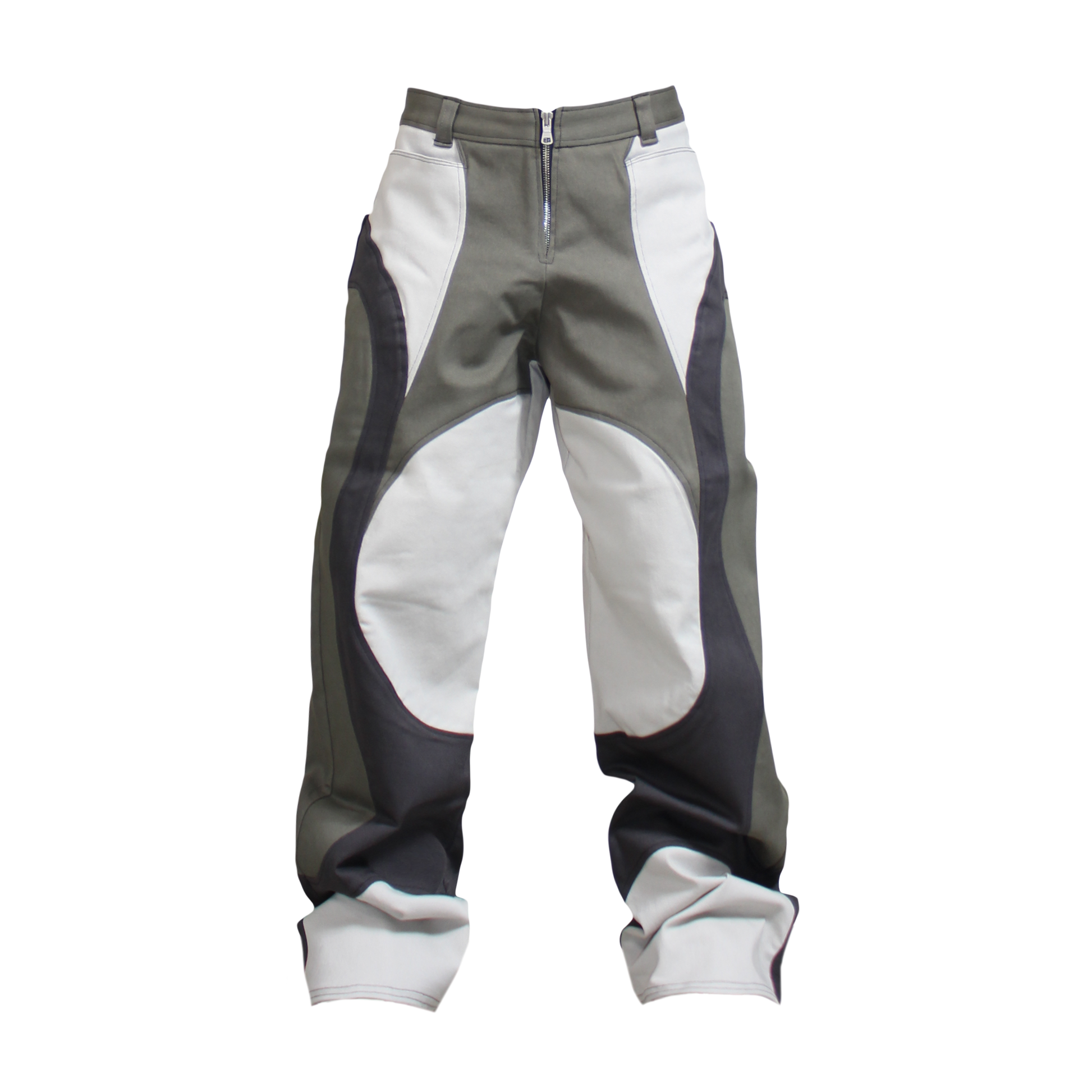 A pair of auberon pants in khaki color with a low rise waistline, front pockets, and an exposed zipper on the front.
