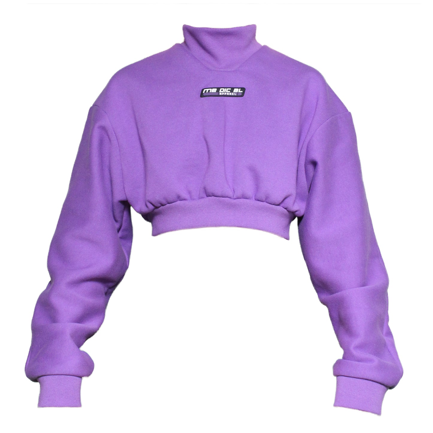 A purple cropped sweatshirt with a high collar and a visible brand logo on the upper left side.
