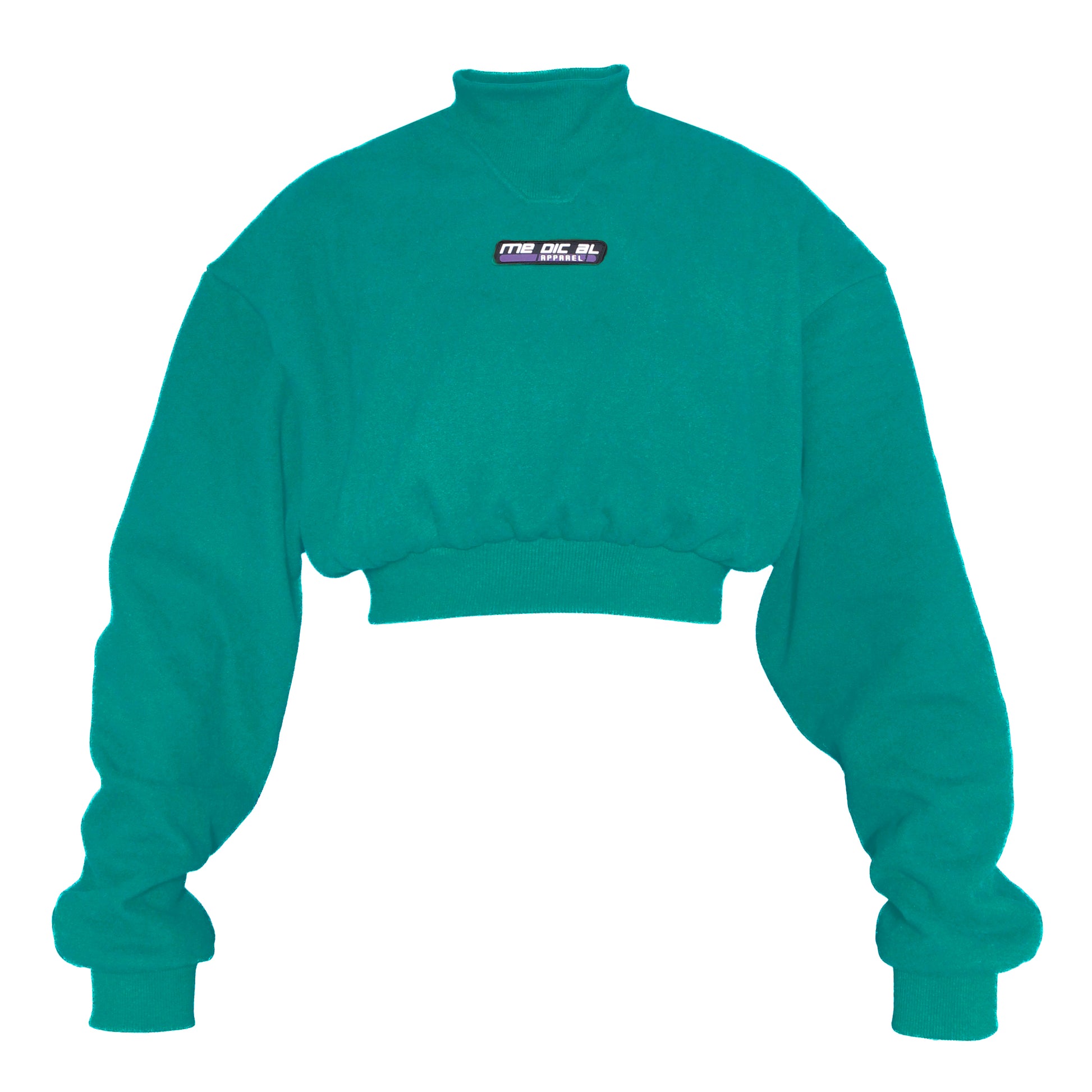 A turquoise crop sweater with a high collar and a 3D PVC label that reads 'Me Dic Al'.