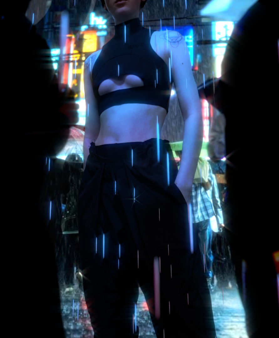 Cyberpunk techwear outfit with futuristic crop top and tactical pants, modeled in neon-lit rainy city street scene inspired by sci-fi and urban fashion aesthetics.