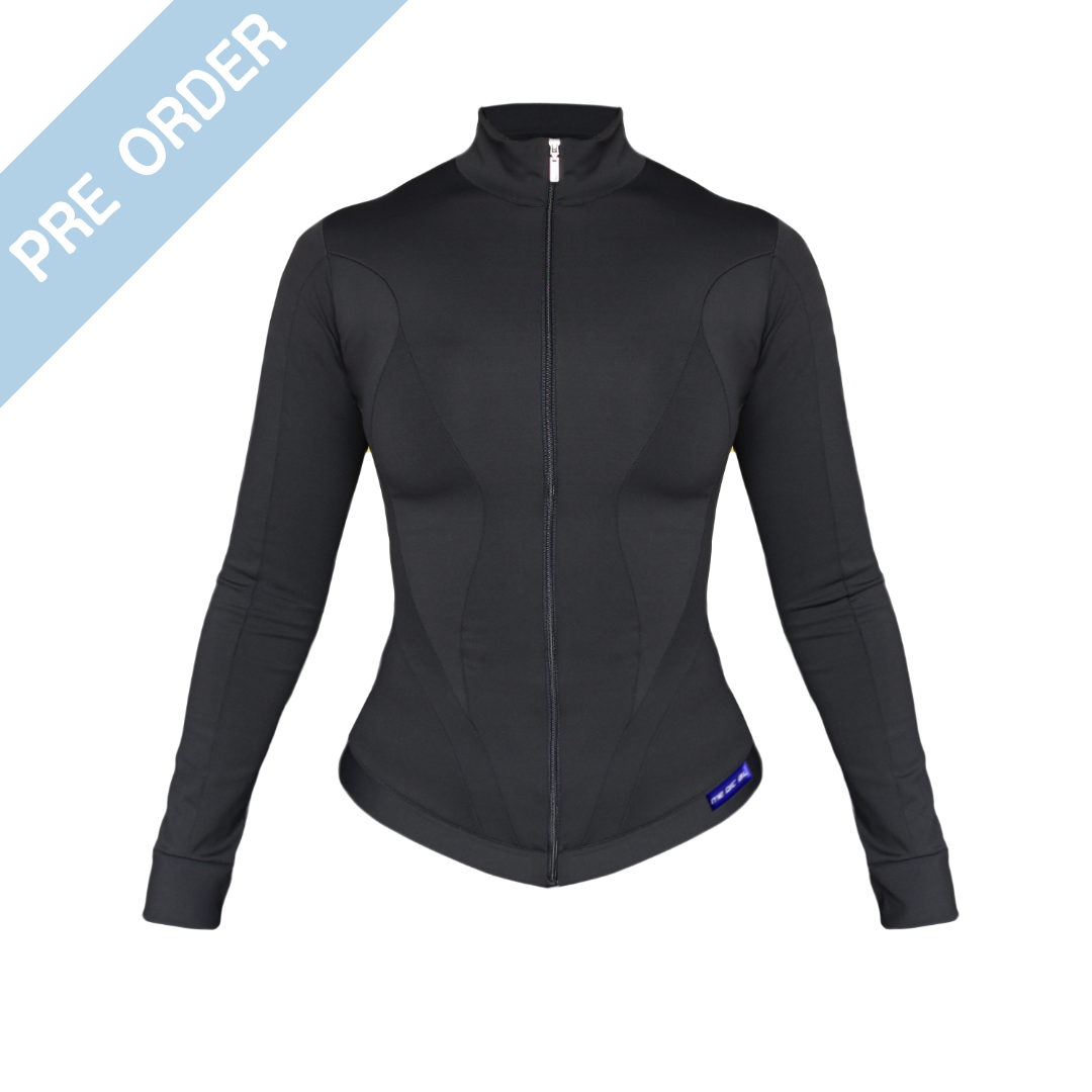 Black long-sleeve athletic jacket on a white background with 'Pre Order' text.