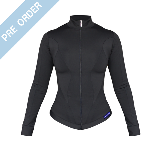 Black long-sleeve athletic jacket on a white background with 'Pre Order' text.