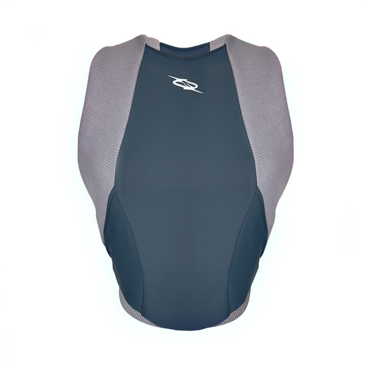 A gray and blue sports top with a round neckline and synthetic material.