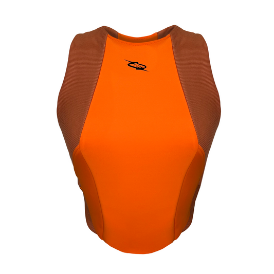 An orange sports top with a round neckline and knit panels around the shoulders.