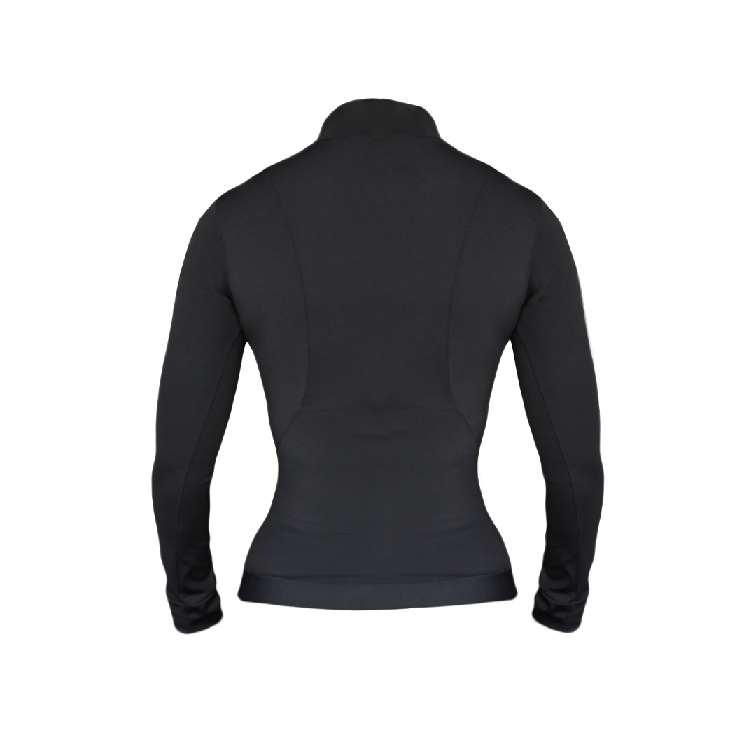 Black long-sleeve athletic top on a white background