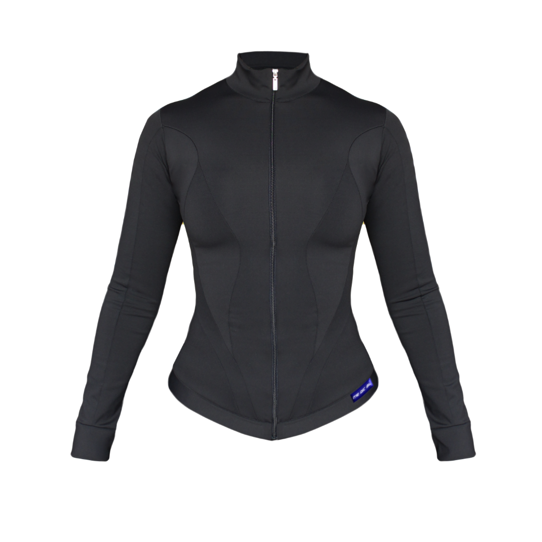 Black long-sleeve athletic jacket on a white background