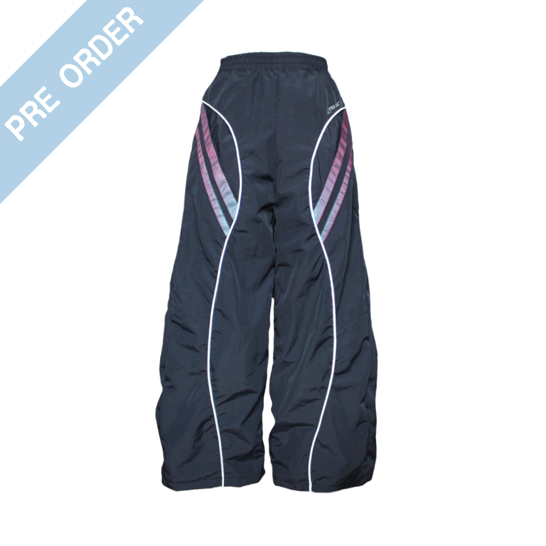 Navy blue pants with white and multicolor stripes on a white background, labeled 'Pre Order'.