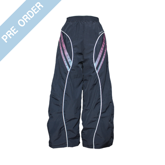 Navy blue pants with white and multicolor stripes on a white background, labeled 'Pre Order'.