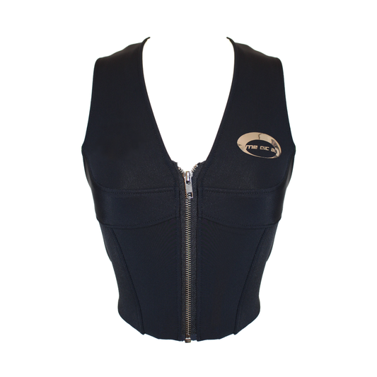 Black cyberpunk techwear vest with zipper front and futuristic design – urban streetwear crop top style for women in modern techwear fashion.