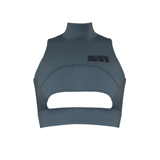 A gray crop top with a cutout in the front lower center, featuring a turtle neck design and a full metal zipper at the back. Barcode print in the front.