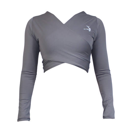 A gray crop top with long sleeves, featuring a V-neckline and a logo print on the left upper chest.